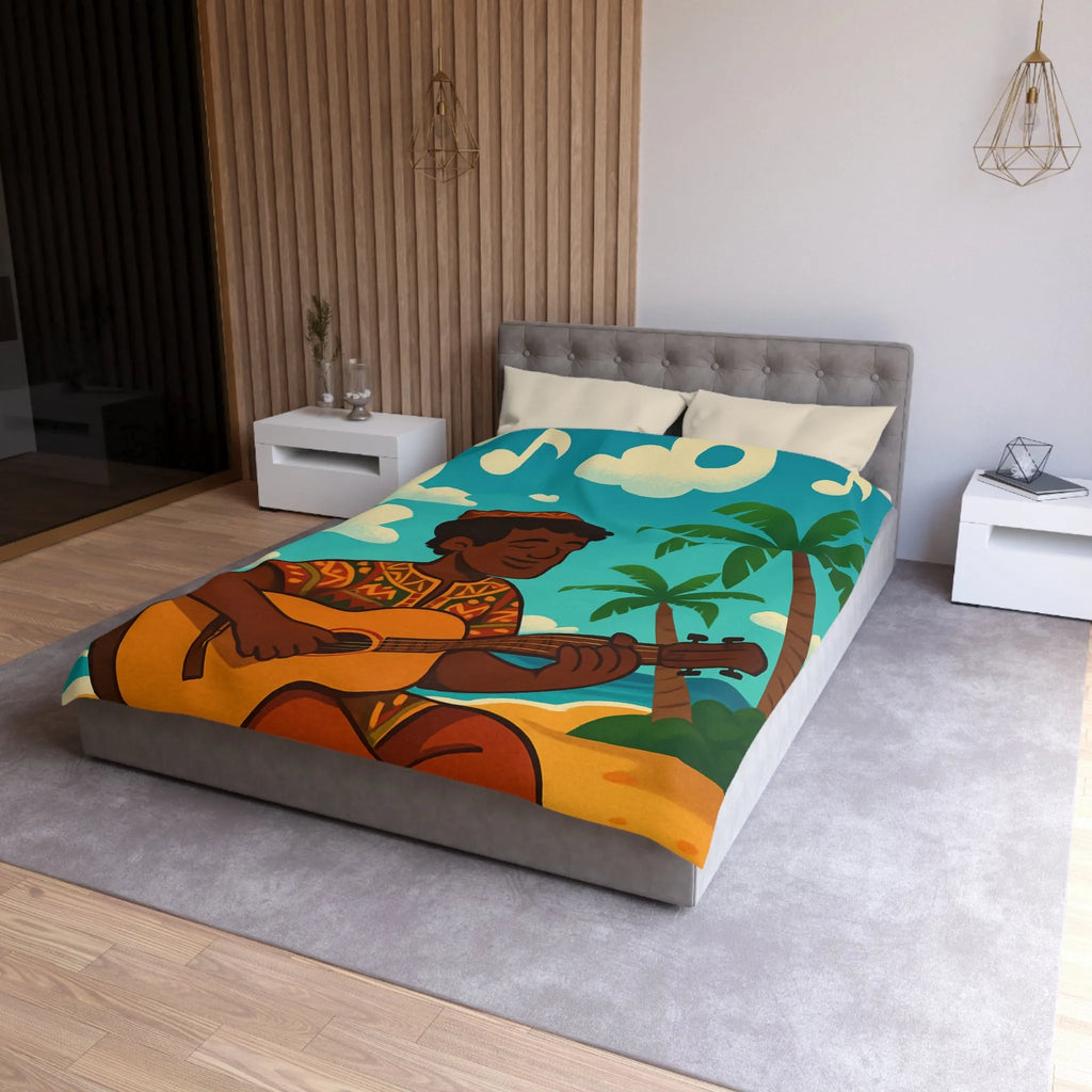 Housse de couette illustrée avec musicien joyeux sous les palmiers en bord de mer