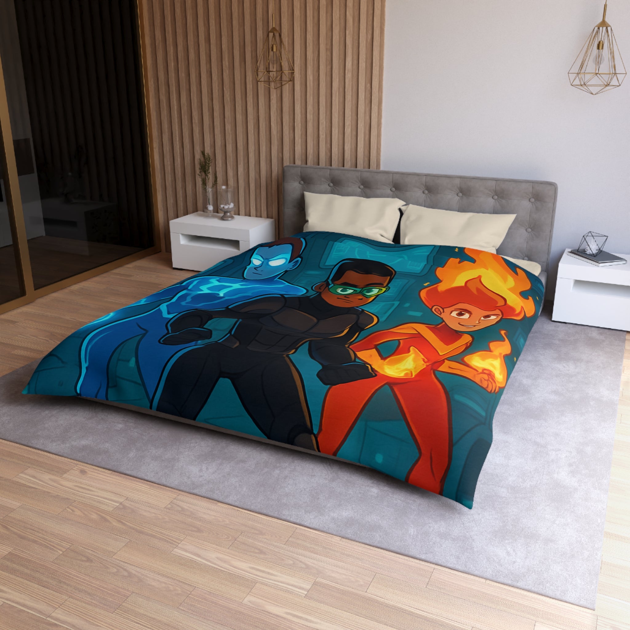 Housse de couette super-héros colorée avec motifs de feu, glace et technologie futuriste