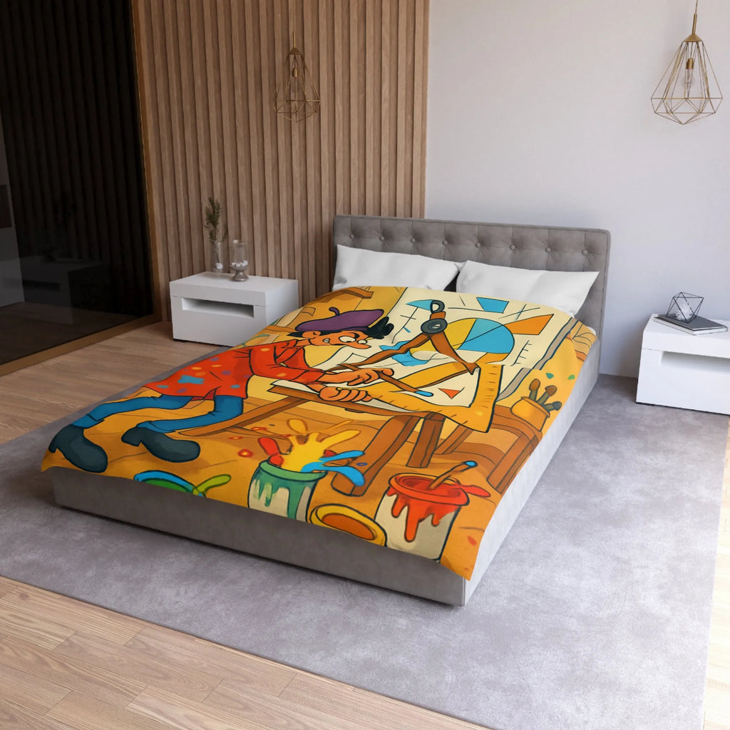 Housse de couette artistique avec motif géométrique et artiste cartoon en atelier coloré