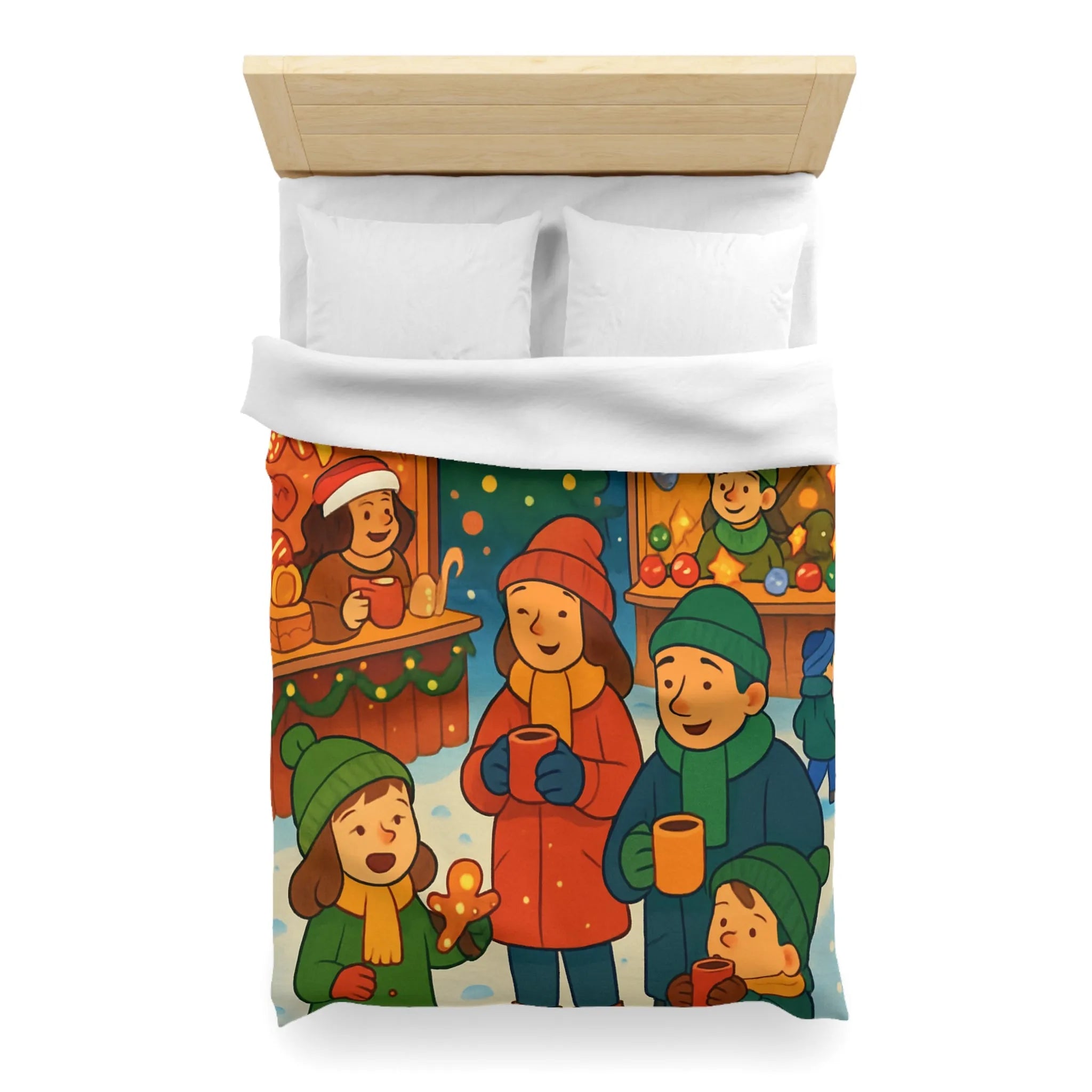 Housse de couette chaleureuse illustrant une scène festive de marché de Noël joyeux