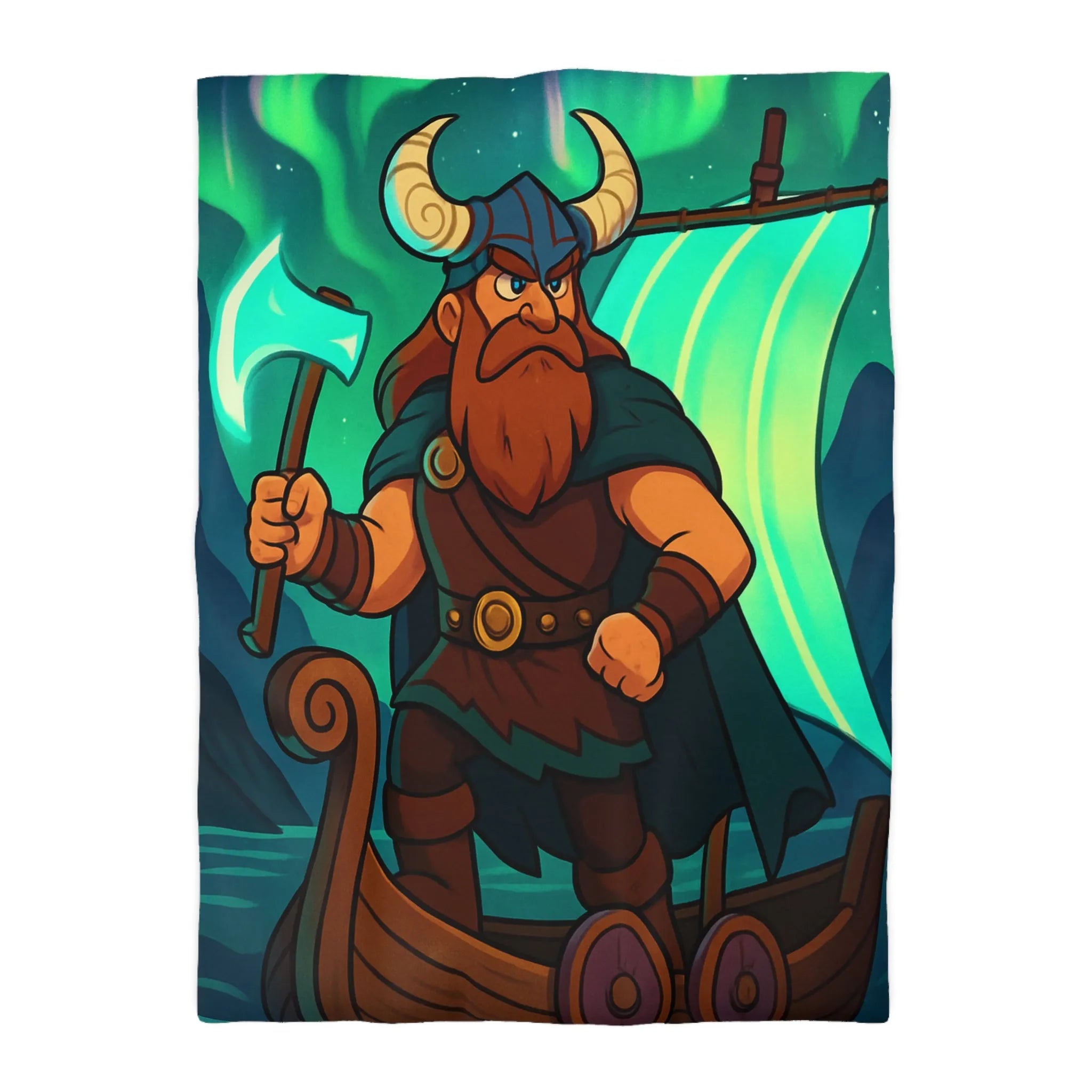 Housse de couette épique viking avec aurore boréale et bateau en pleine mer