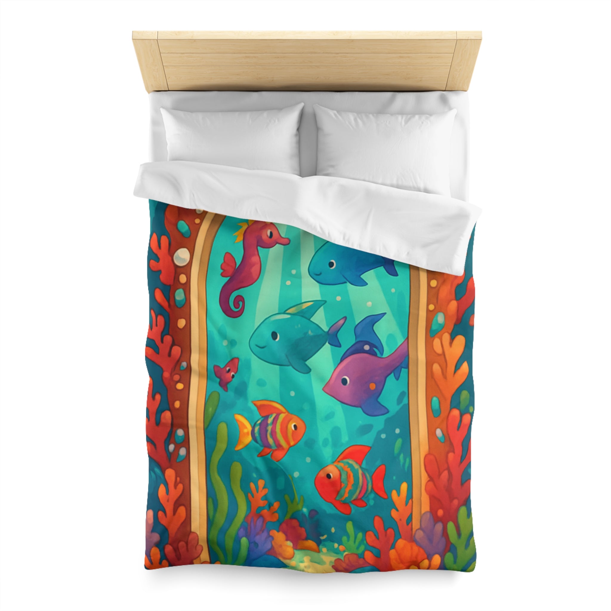 Housse de Couette Océanique avec Poissons Colorés, Coraux et Hippocampe Fantaisie Enchantés