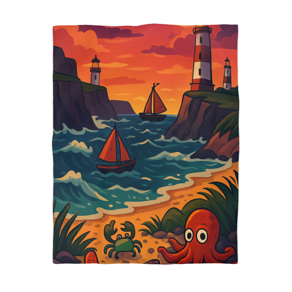 Housse de couette océanique avec phare, créatures marines et voiliers colorés, coucher de soleil vibrant