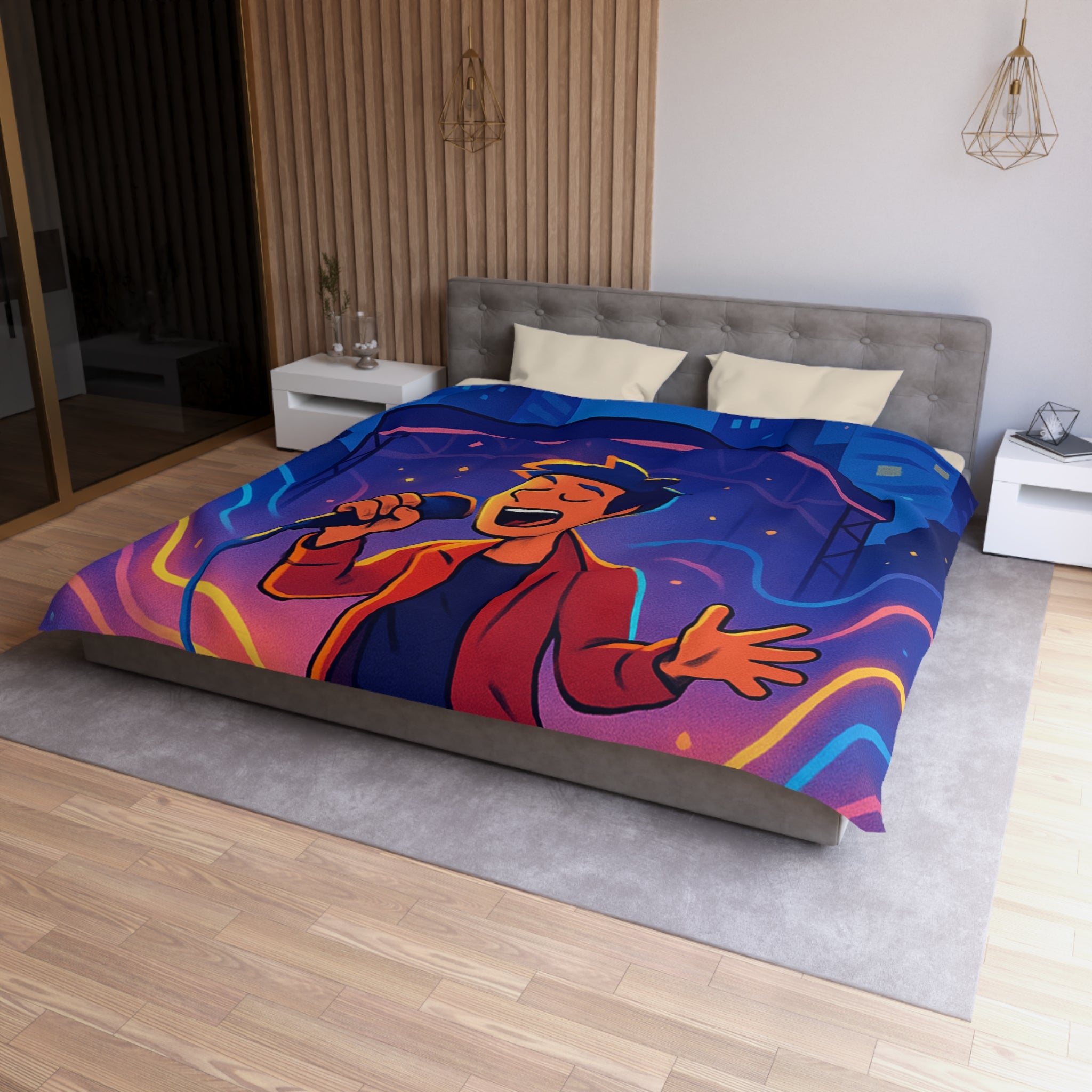 Housse de couette scène vibrante de concert nocturne avec chanteur et couleurs éclatantes