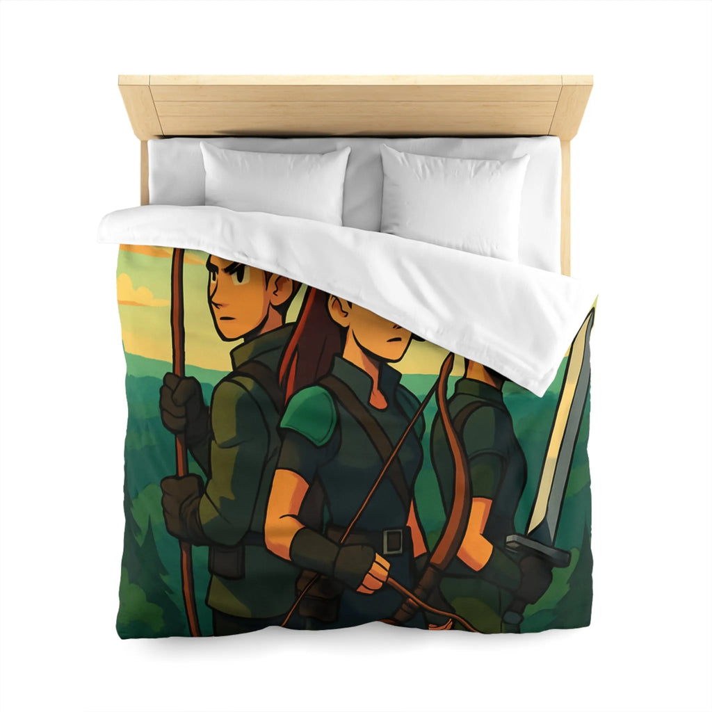 Housse de couette illustrée trois héros médiévaux arc épée forêt château aube