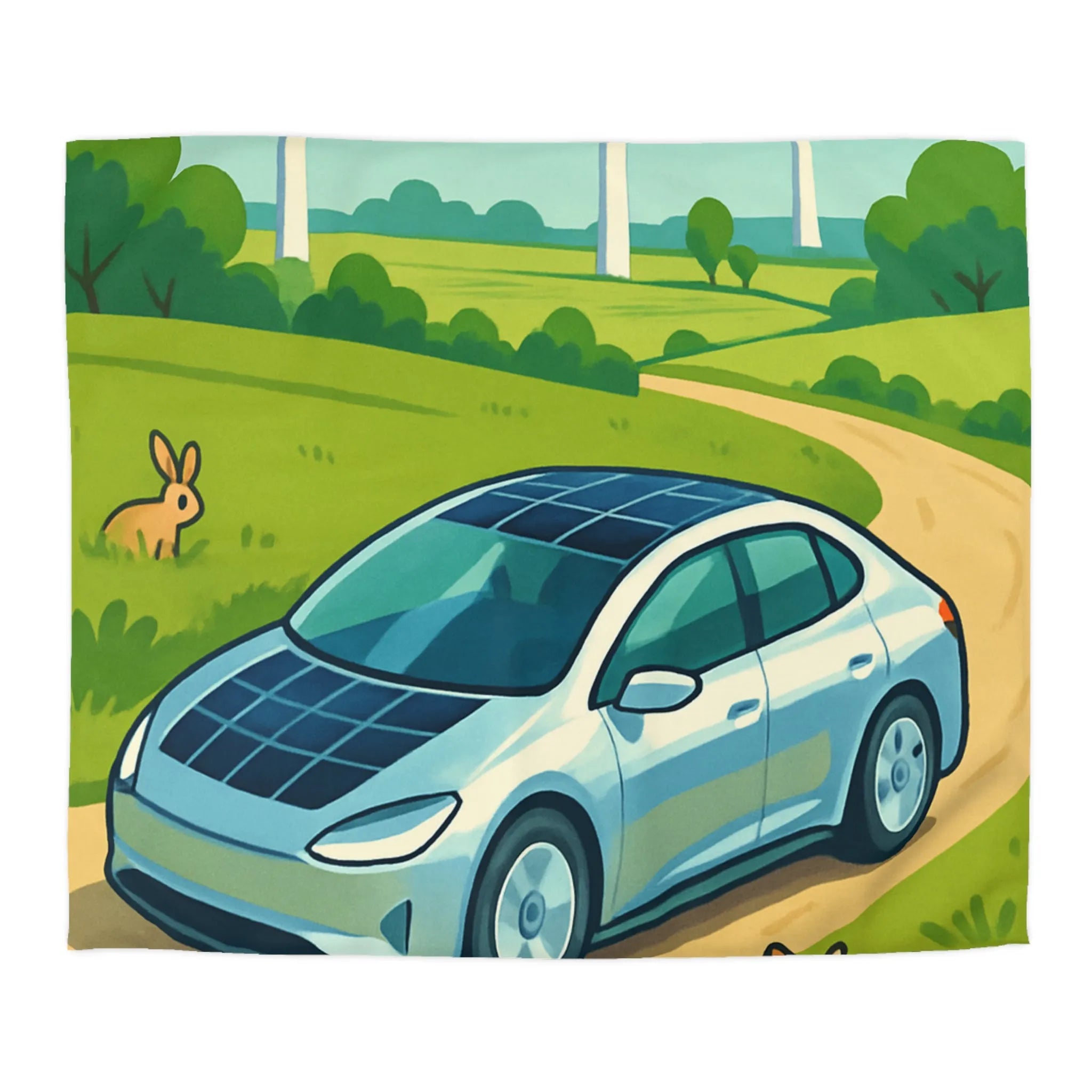 Housse de couette écologique avec voiture solaire, éoliennes et animaux dans la nature