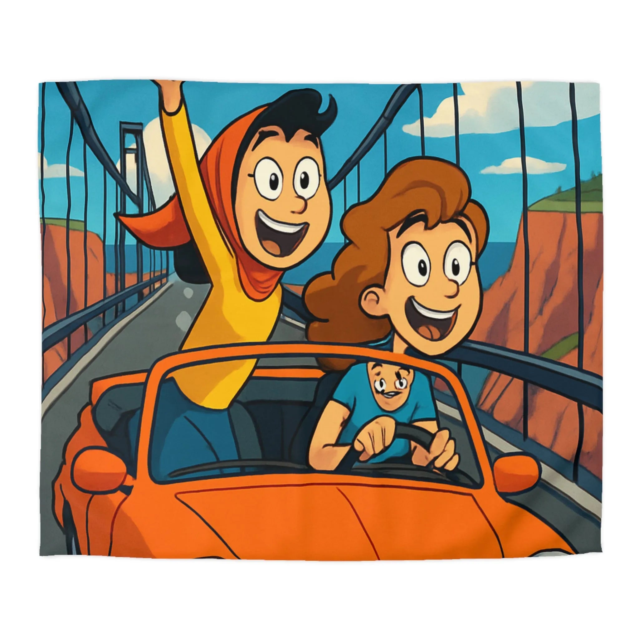 Housse de couette colorée avec illustration de famille en voiture sur pont suspendu