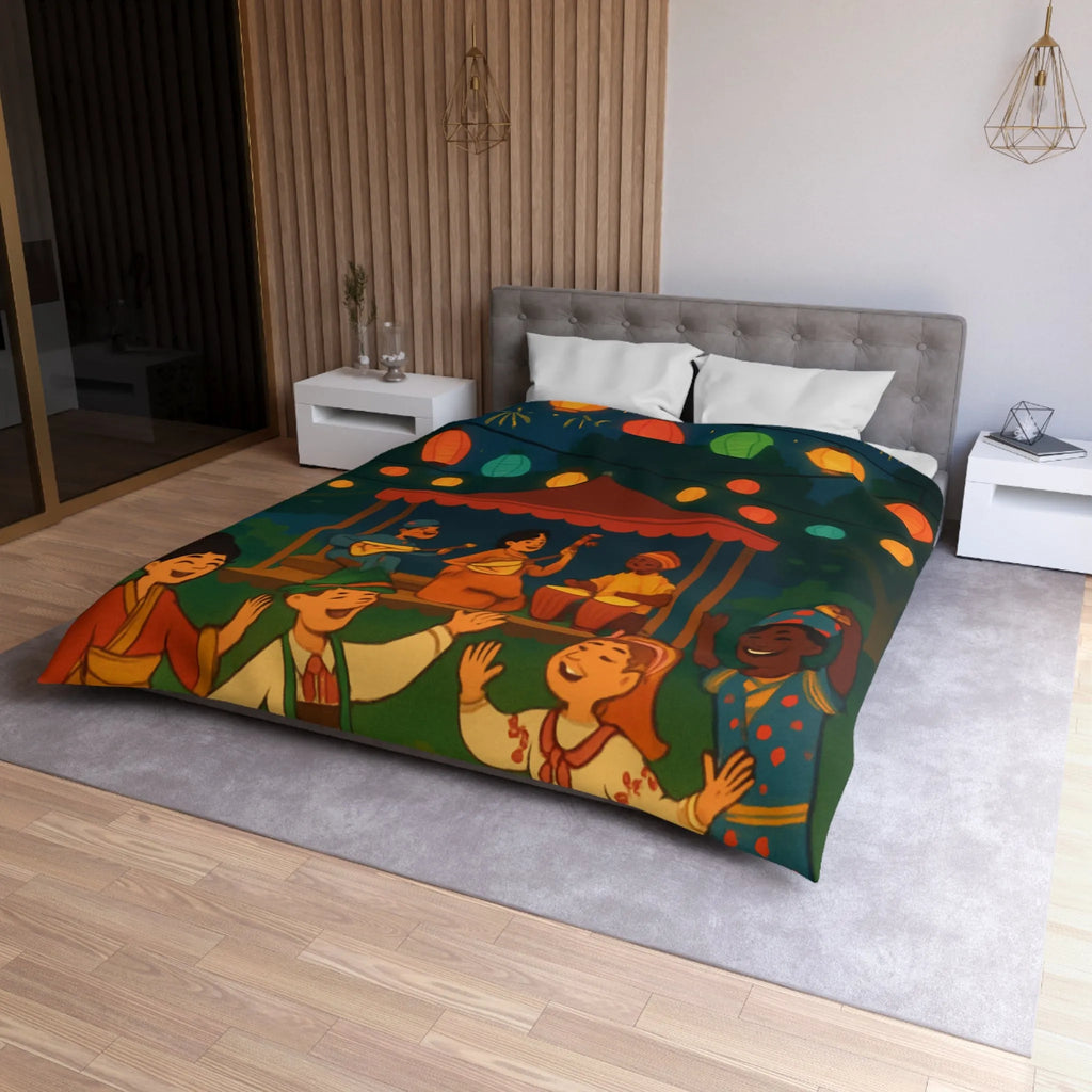 Housse de Couette Enfant Festive avec Lanternes Colorées et Scène de Musique en Plein Air
