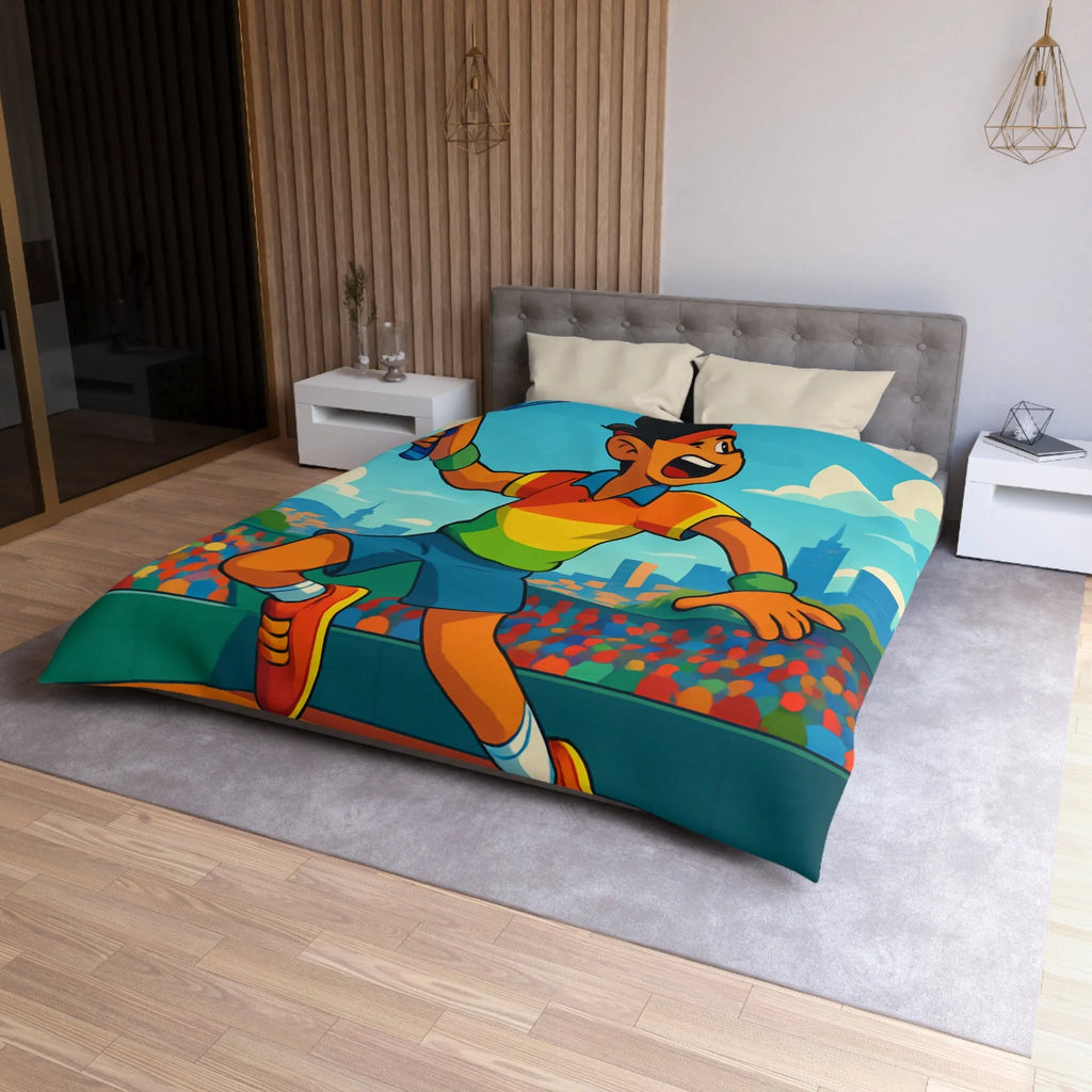 Housse de couette colorée avec joueur de tennis sautant en plein match estival