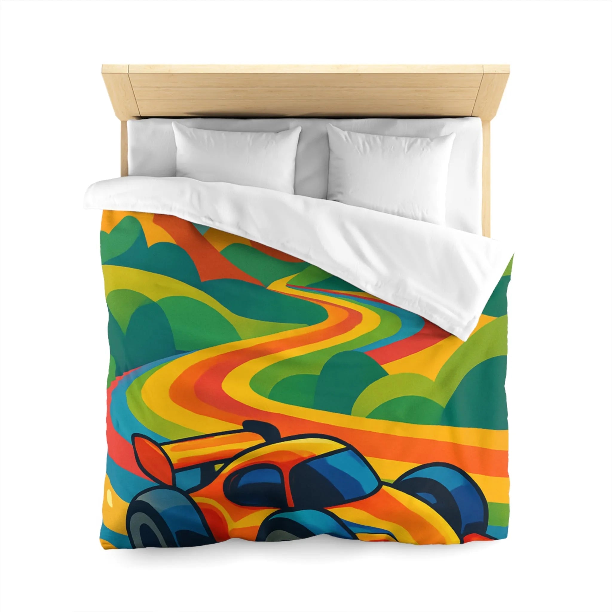 Housse de Couette Colorée avec Voiture de Course et Collines Arc-en-ciel Ensoleillées