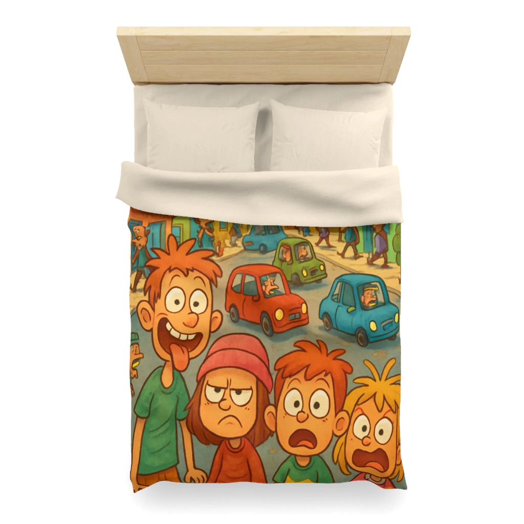 Housse de couette enfants joyeuse ville animée avec personnages colorés et expressions vives