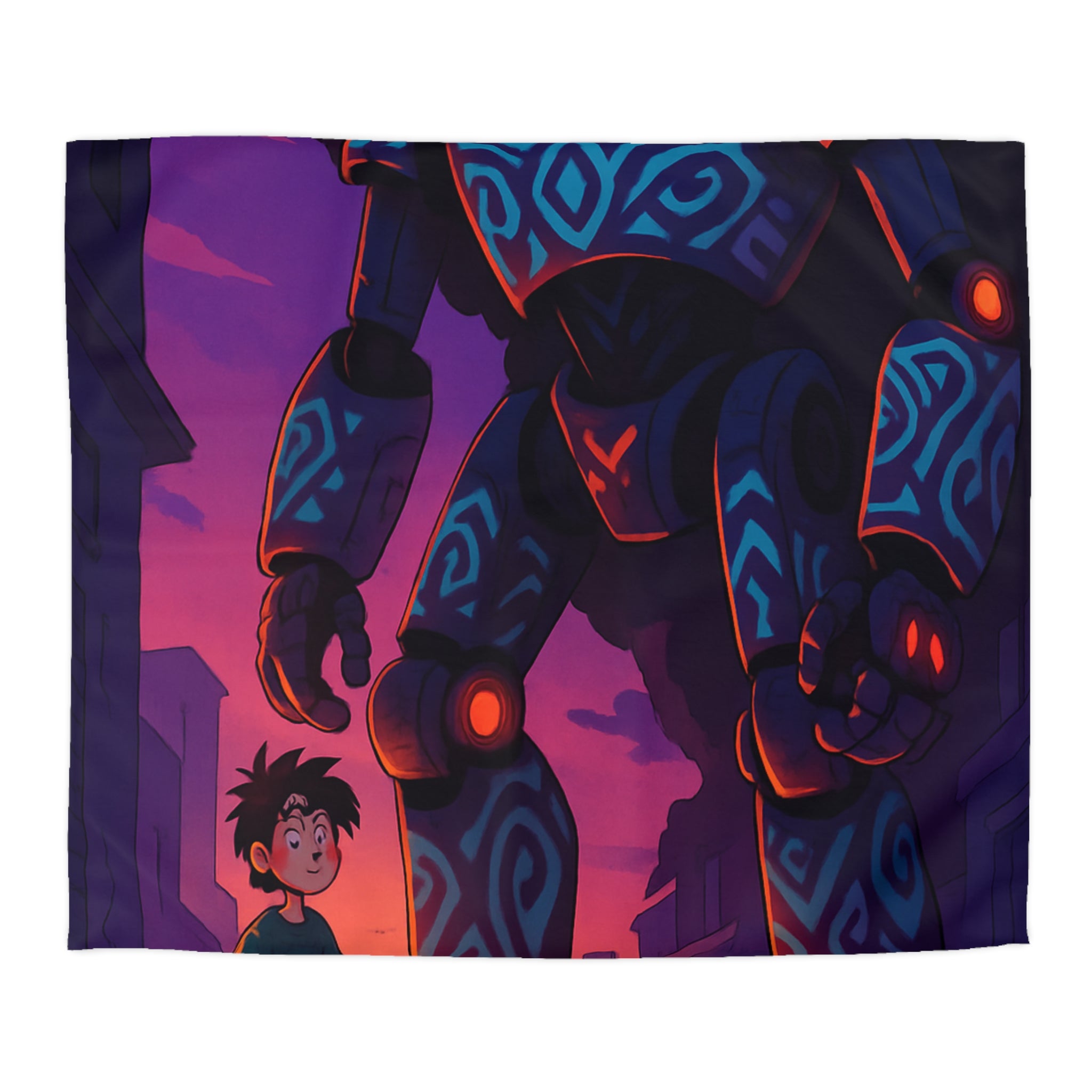 Housse de couette robot géant bleu lumineux, décor urbain vibrant et enfant émerveillé