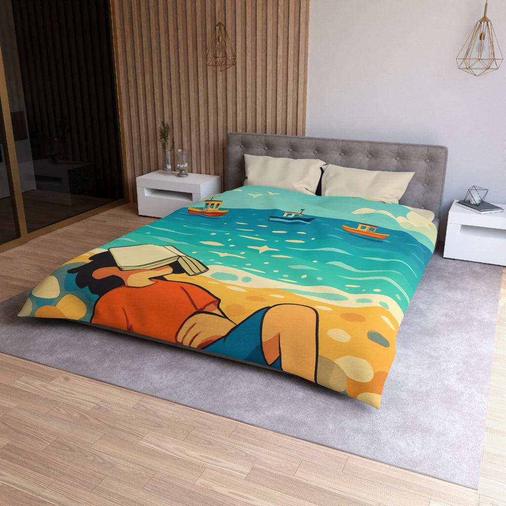 Housse de couette plage relaxante avec enfant, livre et mouettes en été ensoleillé