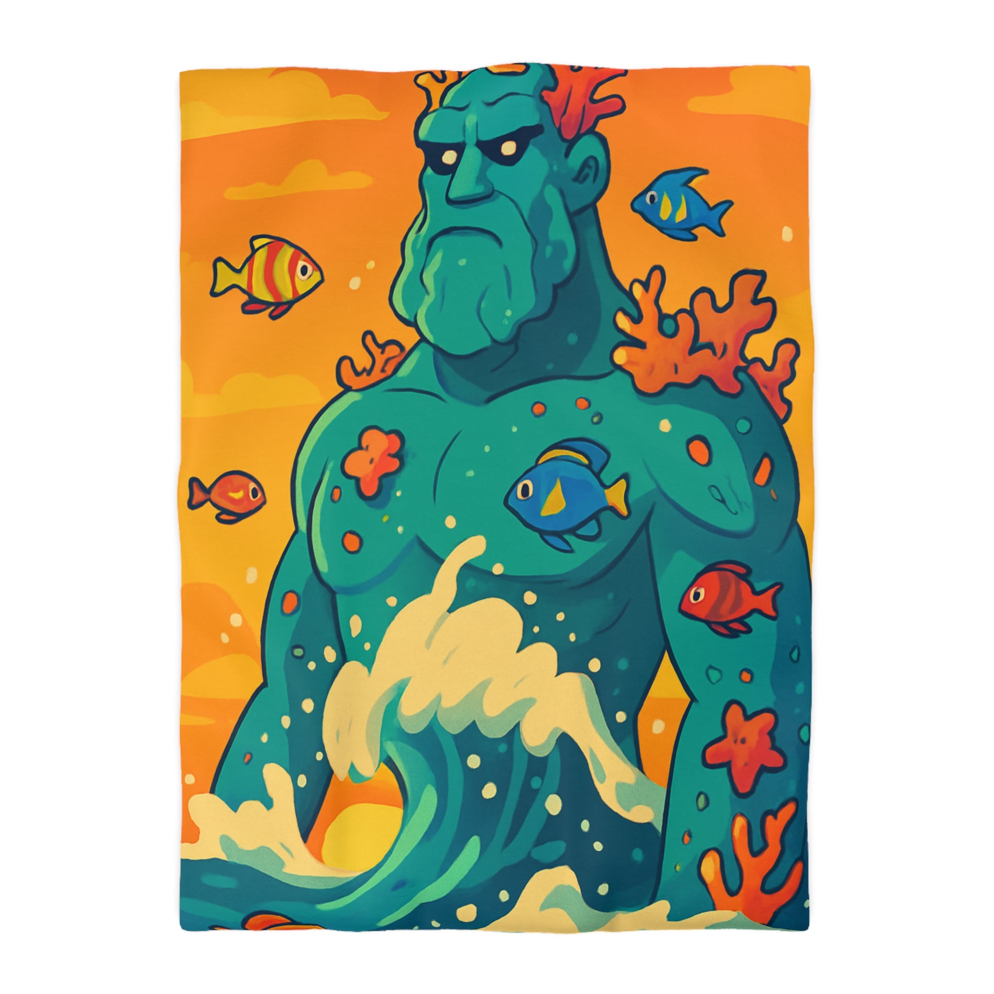 Housse de Couette Océanique avec Illustration Vibrante de Neptune et Poissons Multicolores