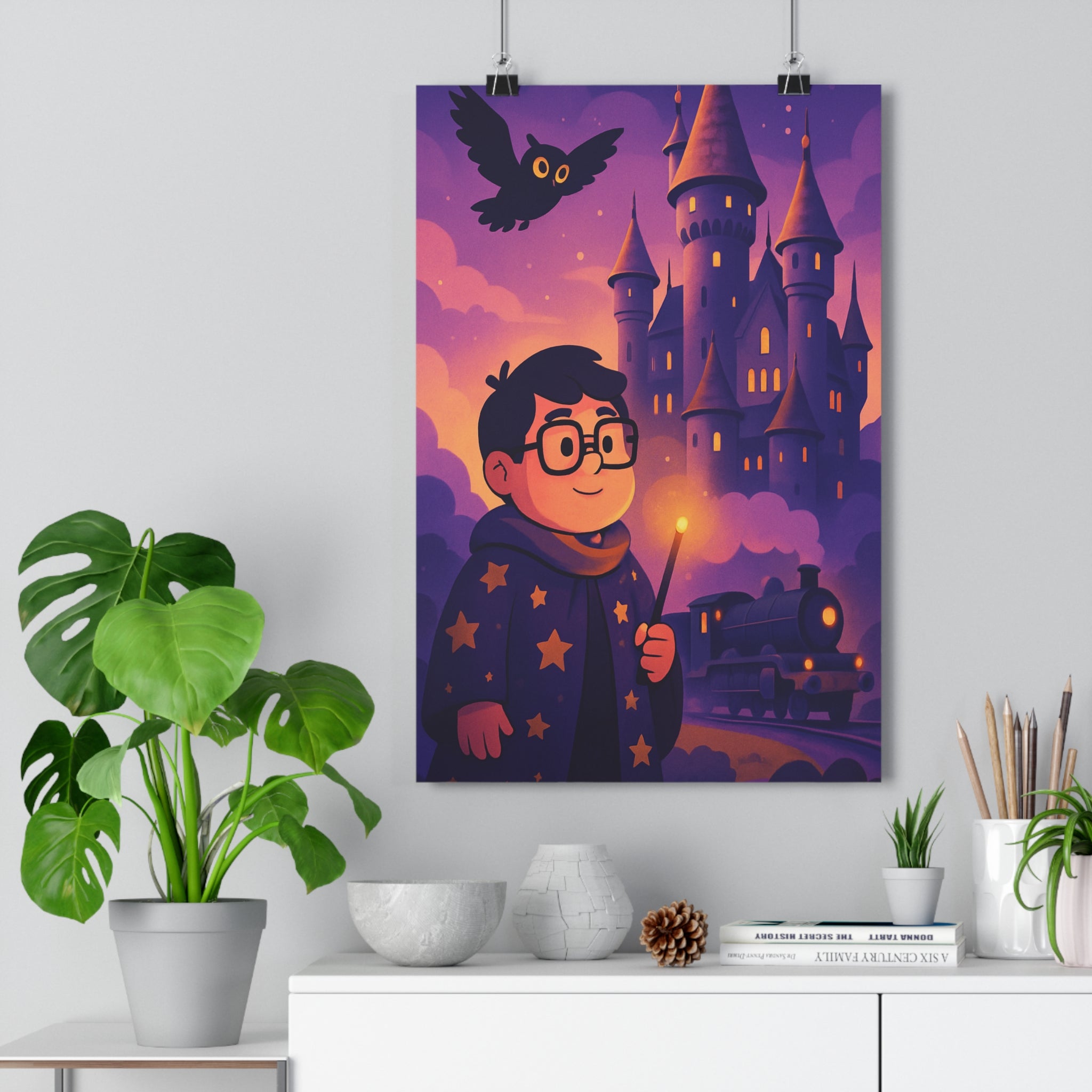 Poster décoratif magie violet orange mystique école enfant aventure apprentissage sorcier mur fantaisie enchantement