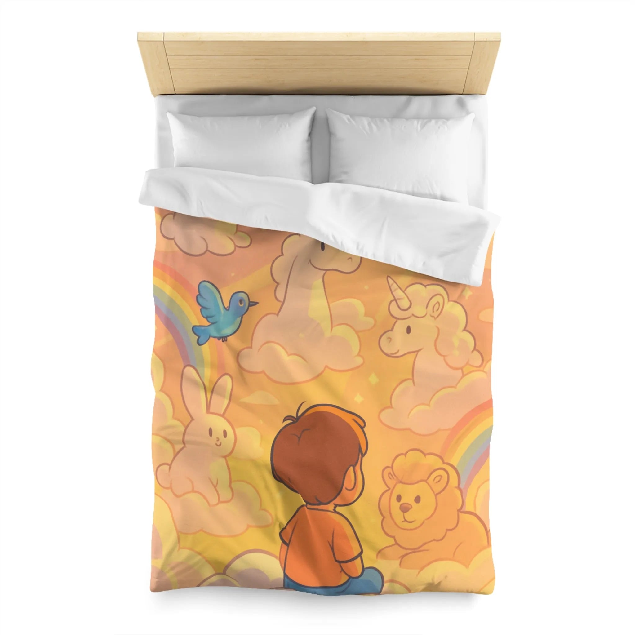 Housse de Couette Enfantine avec Licornes, Lapins et Oiseaux dans les Nuages Pastels