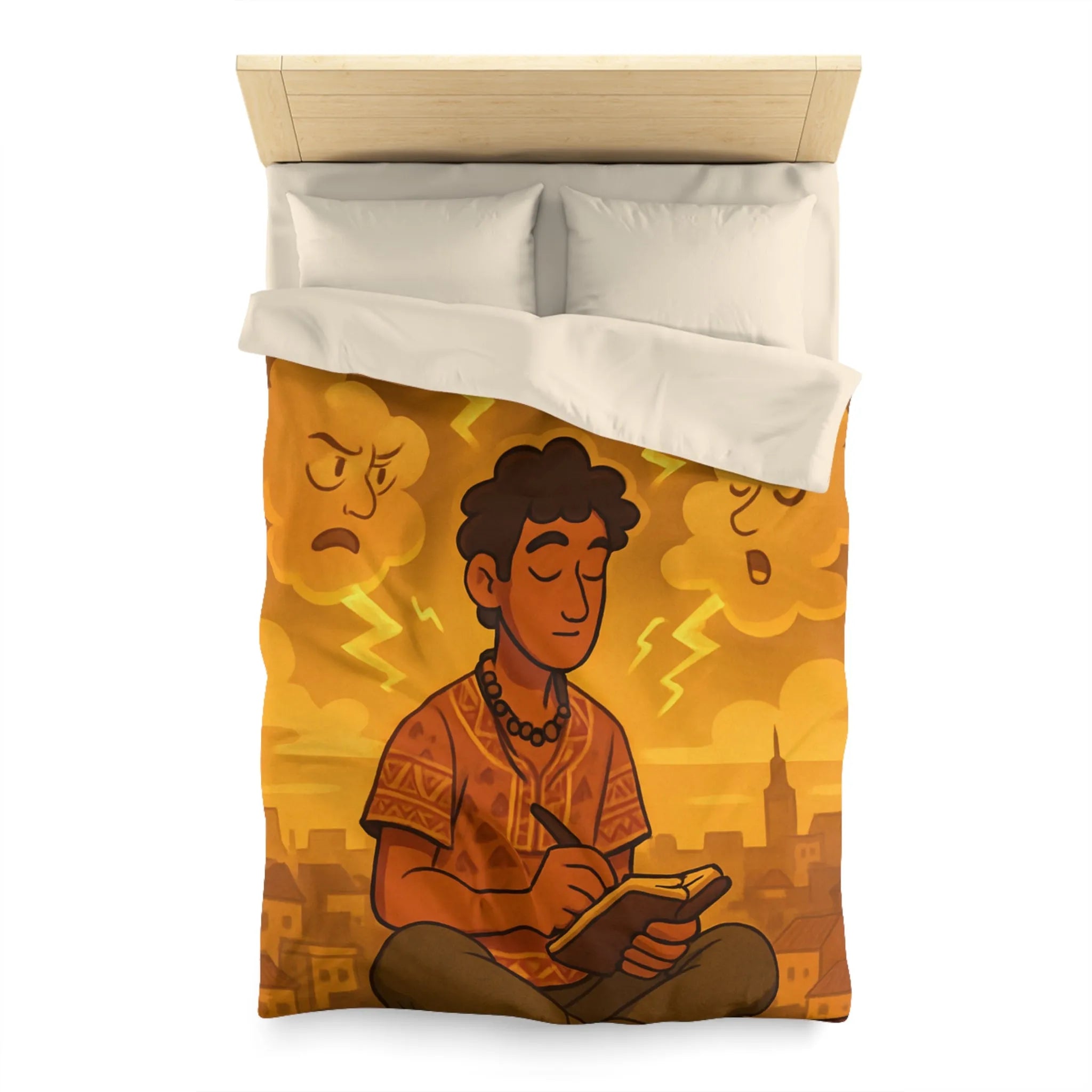 Housse de couette artistique avec motif méditatif, nuageux et expressions émotionnelles illustrées