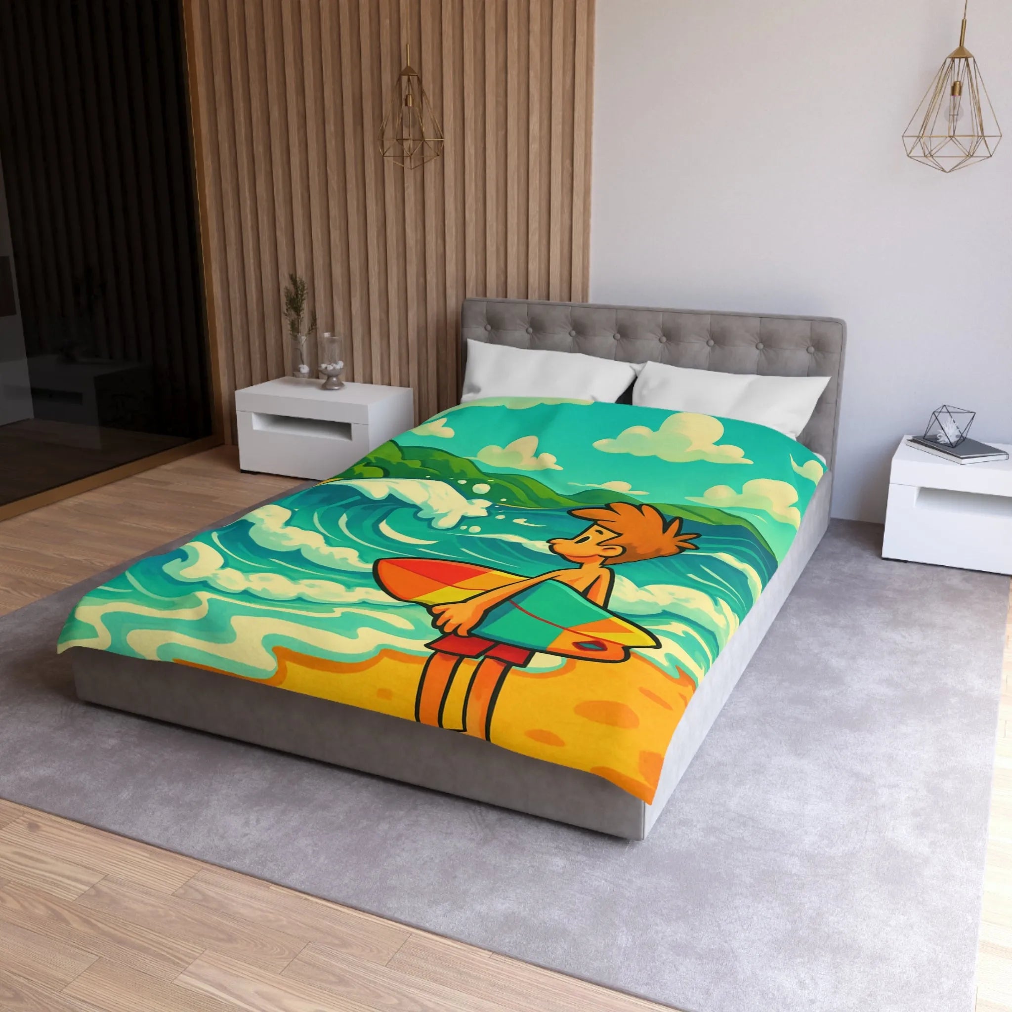 Housse de couette avec dessin coloré de plage pour enfants et surfeur
