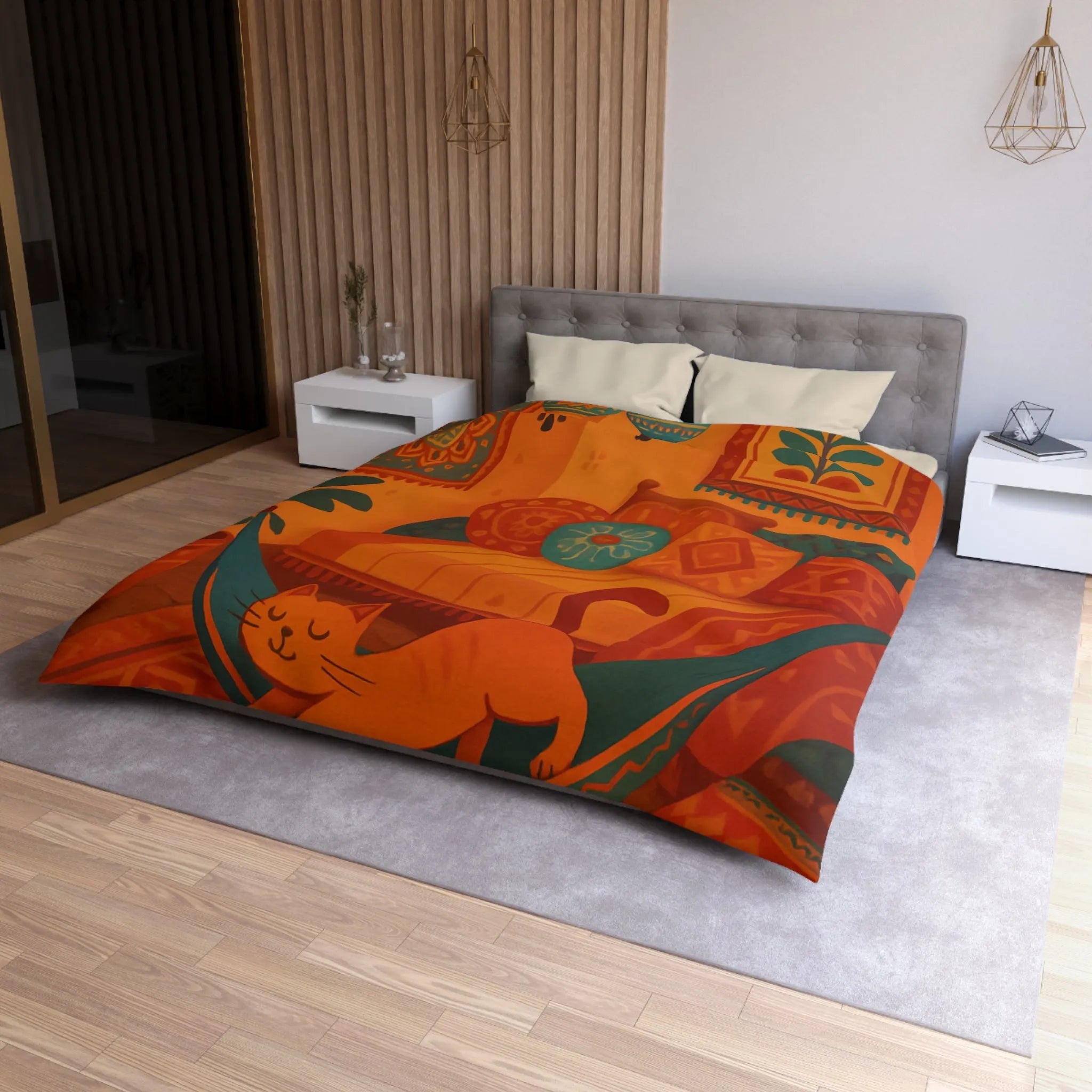 Housse de couette bohème avec motifs mandala et chat dans des tons chauds