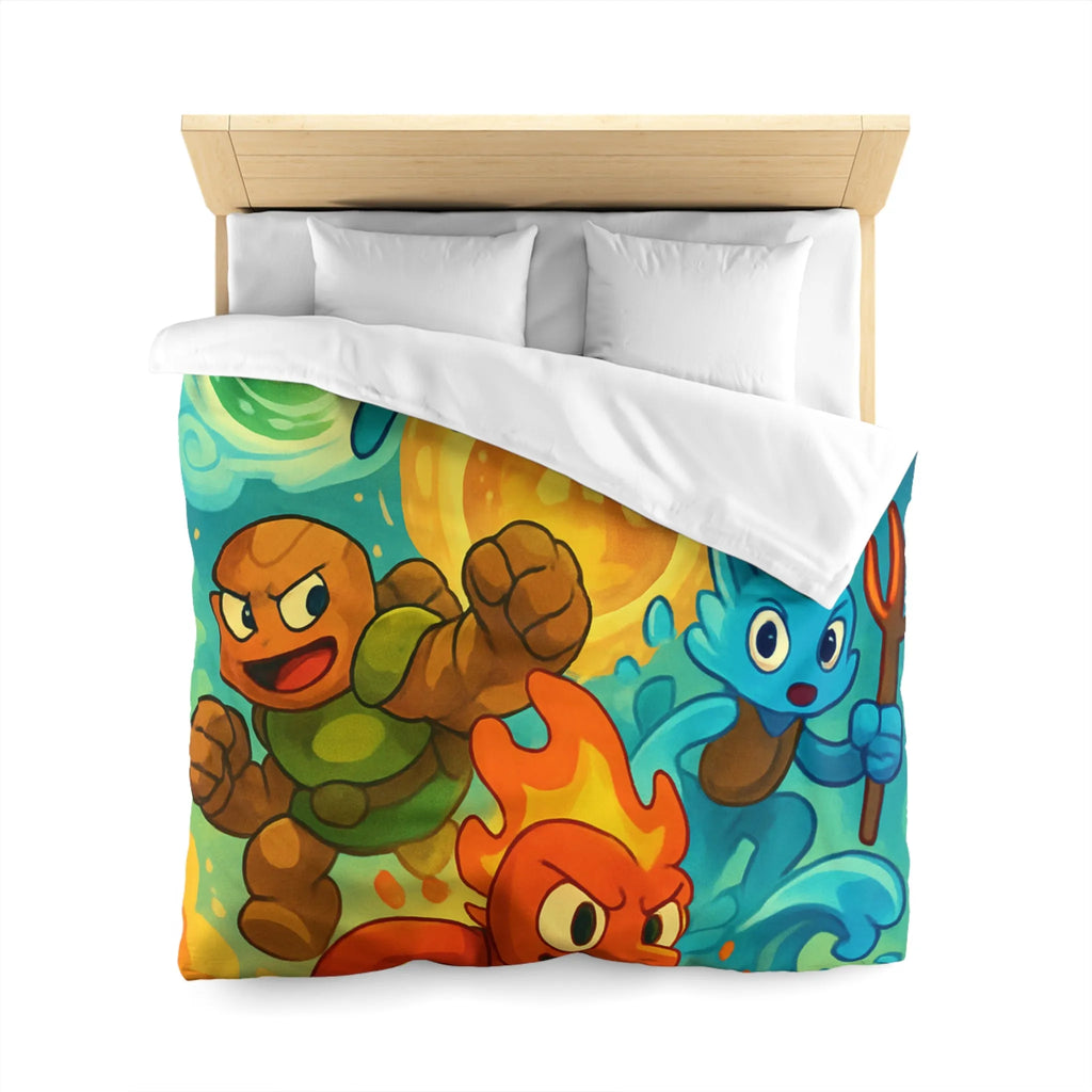 Housse de couette colorée avec motif de personnages d'éléments dans style aventure fantastique