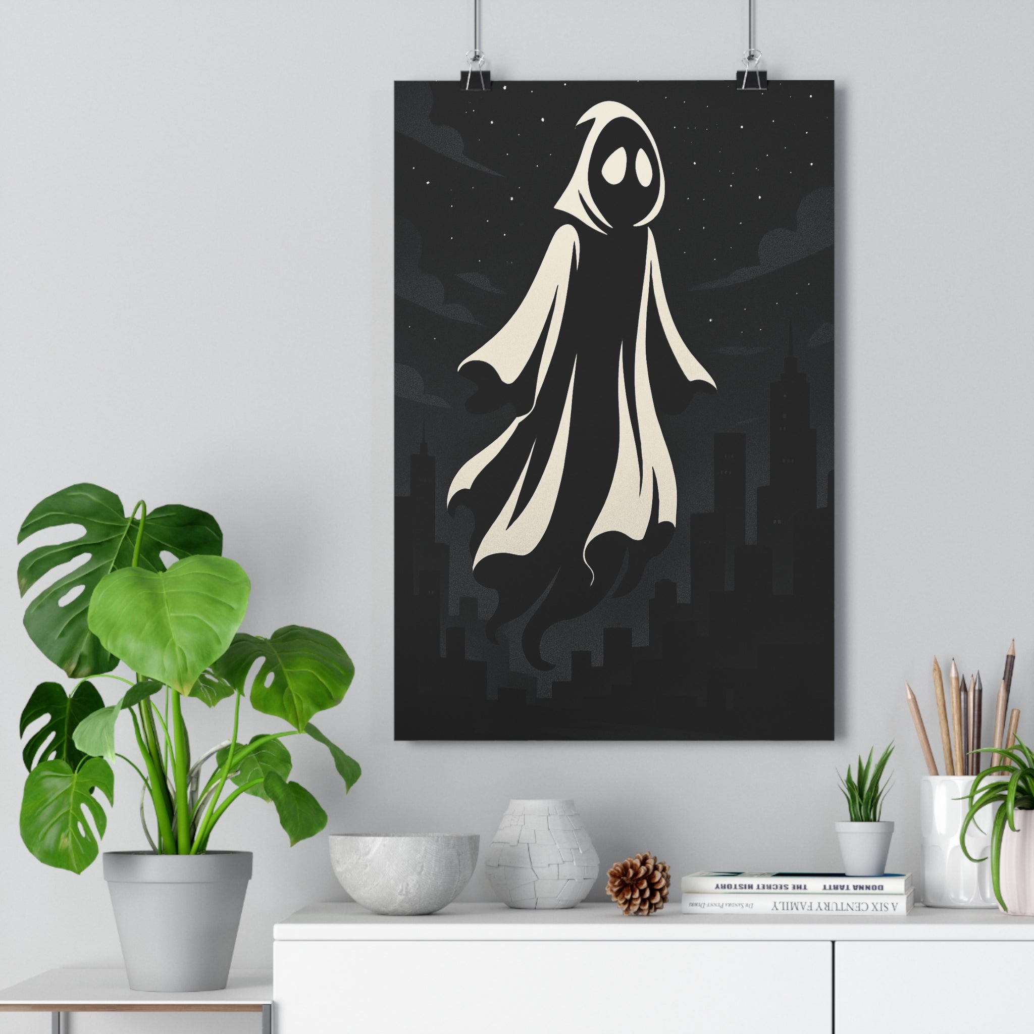 Poster décoratif noir blanc cartoon mystique moderne salon chambre ambiance mystérieuse ville spectre étoilé