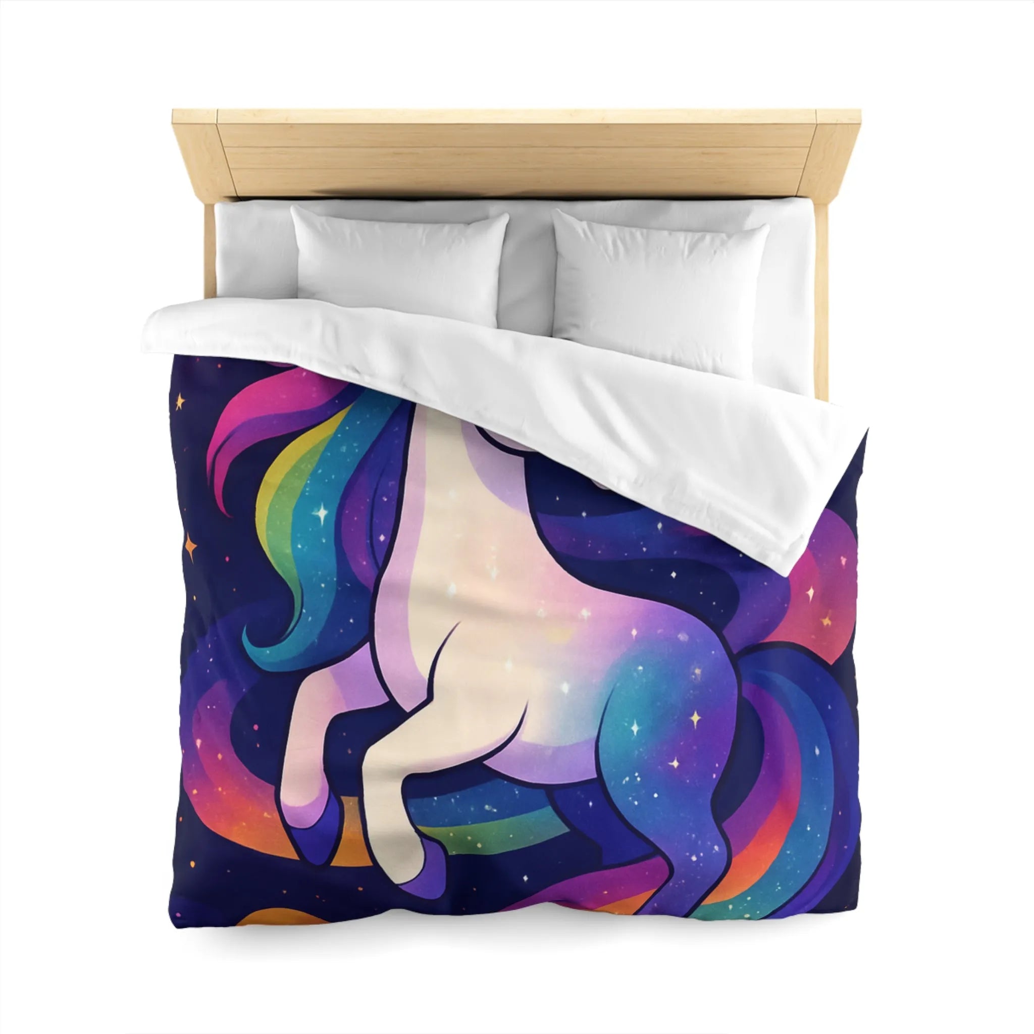 Housse de couette féerique avec licorne et planètes dans un ciel étoilé vibrant