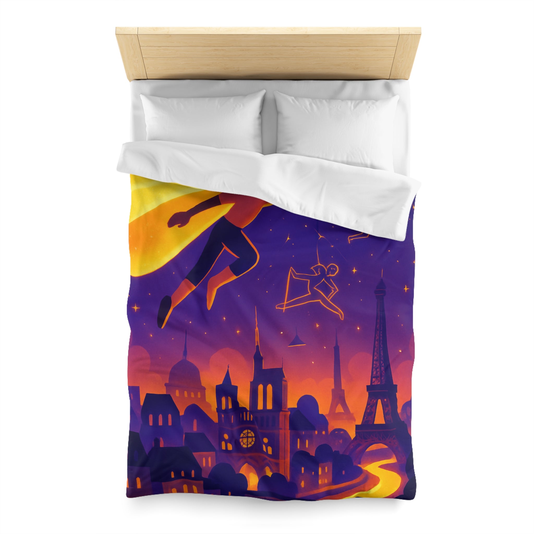 Housse de couette rêve parisien avec super-héros et constellations sportives lumineuses