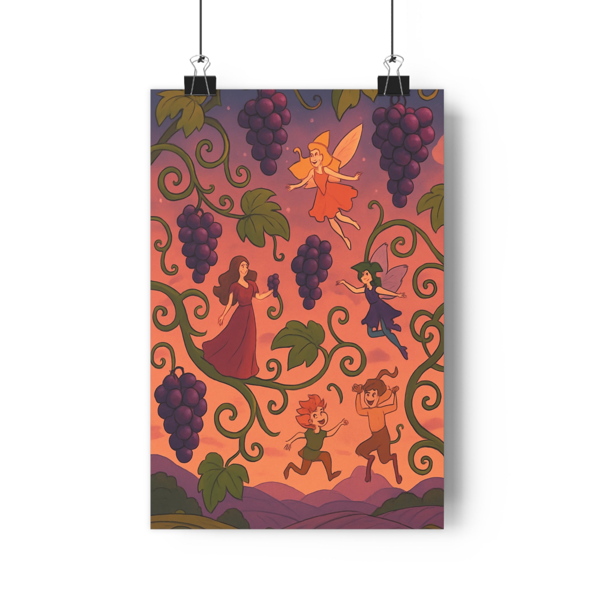 Poster décoratif fantastique fées personnages mythiques rose orange chambre enfant magique cartoon vibrant enchanteur