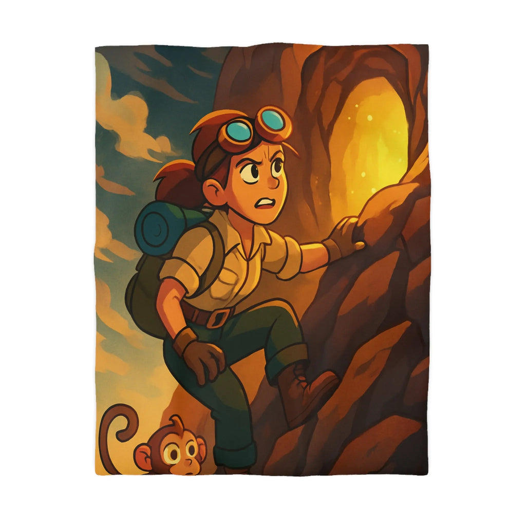 Housse de couette aventure colorée avec jeune explorateur et singe devant grotte lumineuse