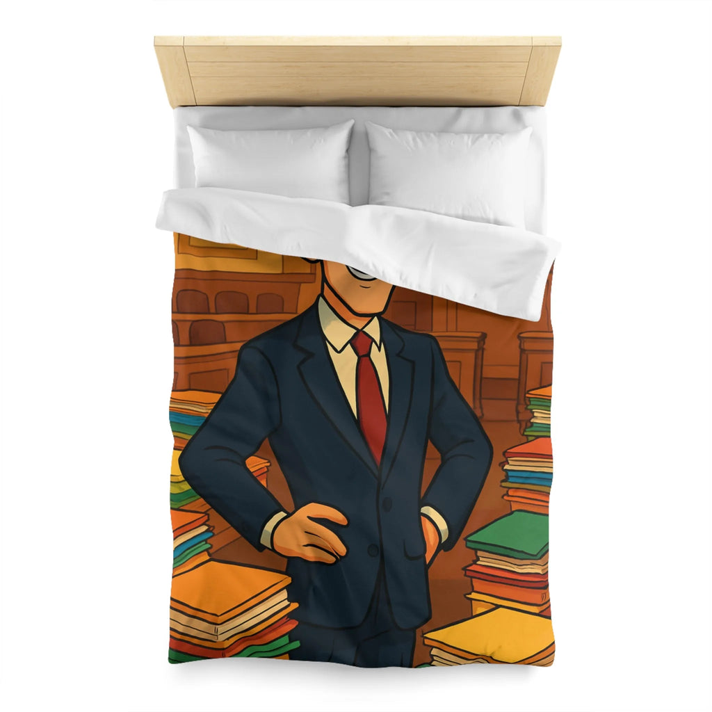 Élégante housse de couette rétro, piles de dossiers colorés, personnage confiant et distingué