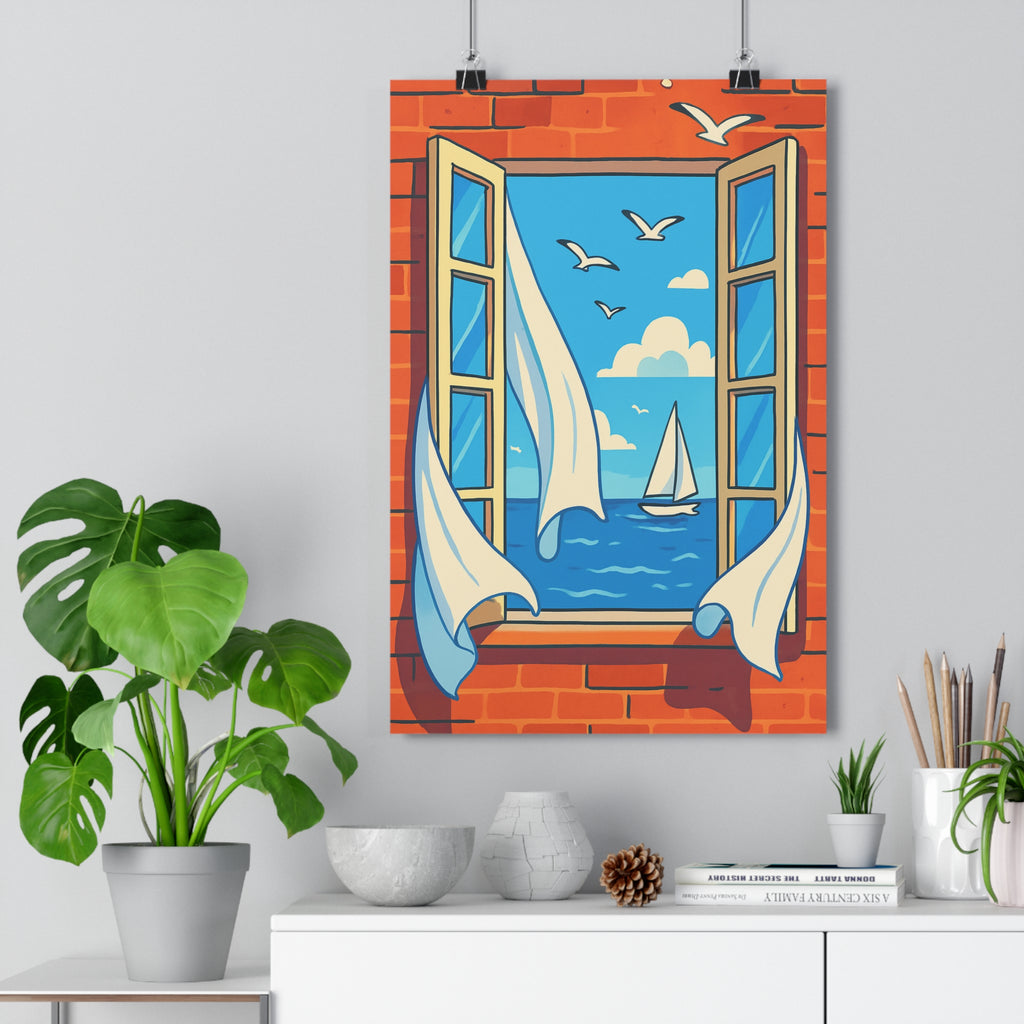 Poster décoratif fenêtre mer bleu voilier cartoon lumineux joyeux salon chambre bureau vacances rêve