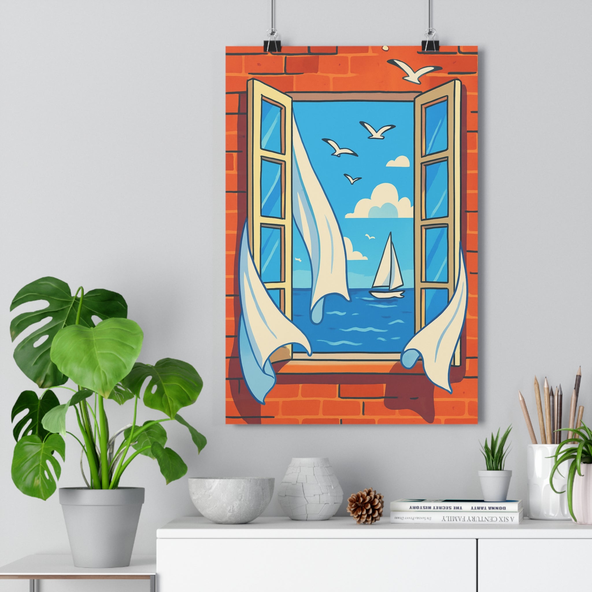 Poster décoratif fenêtre mer bleu voilier cartoon lumineux joyeux salon chambre bureau vacances rêve