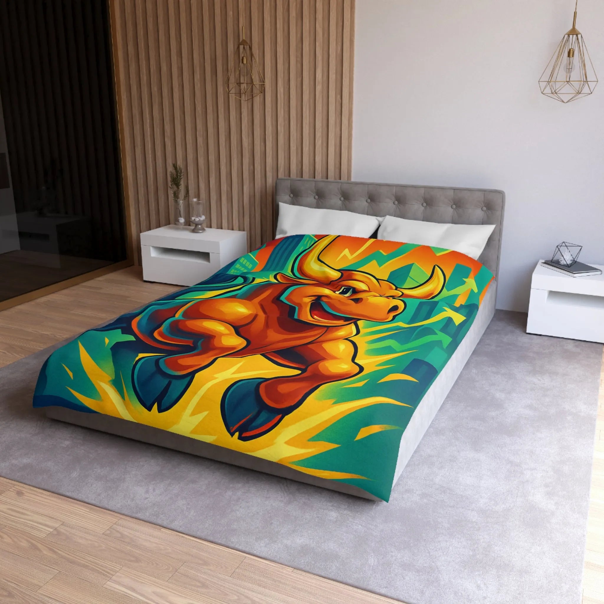 Housse de couette dynamique avec illustration de taureau énergique et motifs de croissance économique