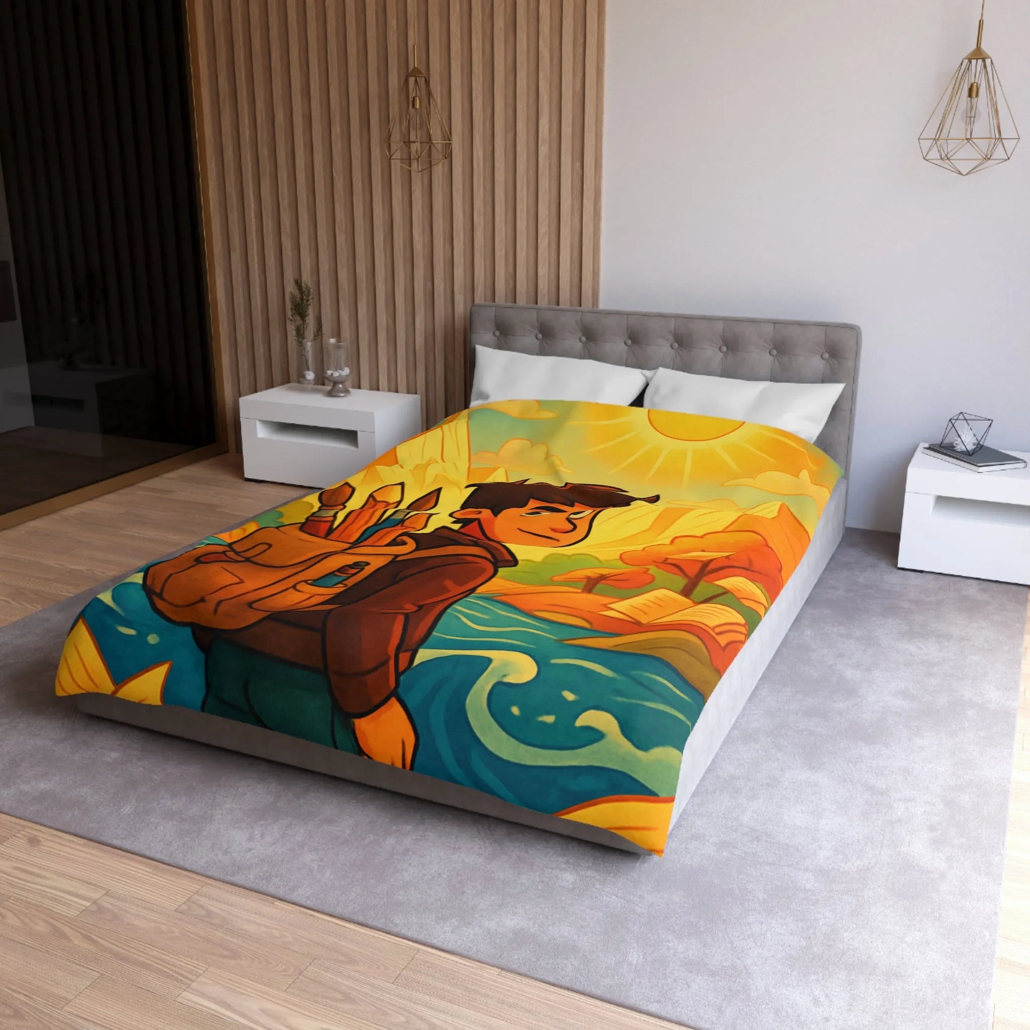 Housse de couette artistique colorée avec paysage lumineux et personnage aventureux dessiné