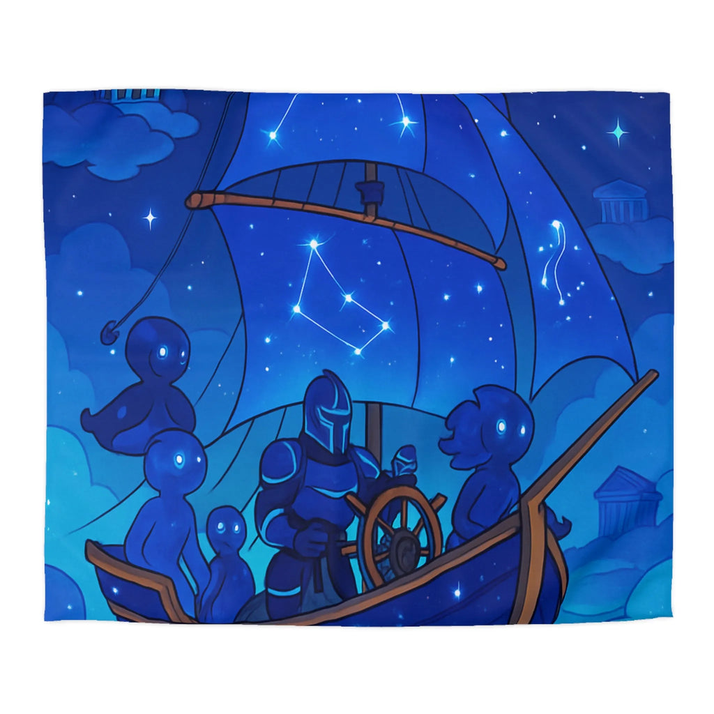 Housse de Couette Inspirée Ciel Étoilé avec Bateau et Constellations Bleu Nuit