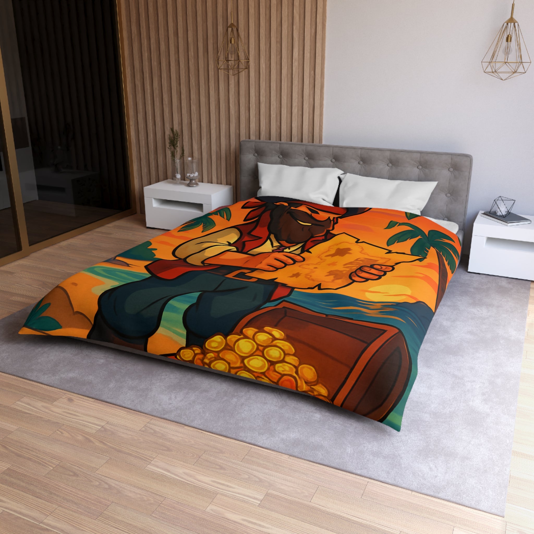 Housse de couette pirate avec coffre au trésor, carte ancienne et palmiers tropicaux