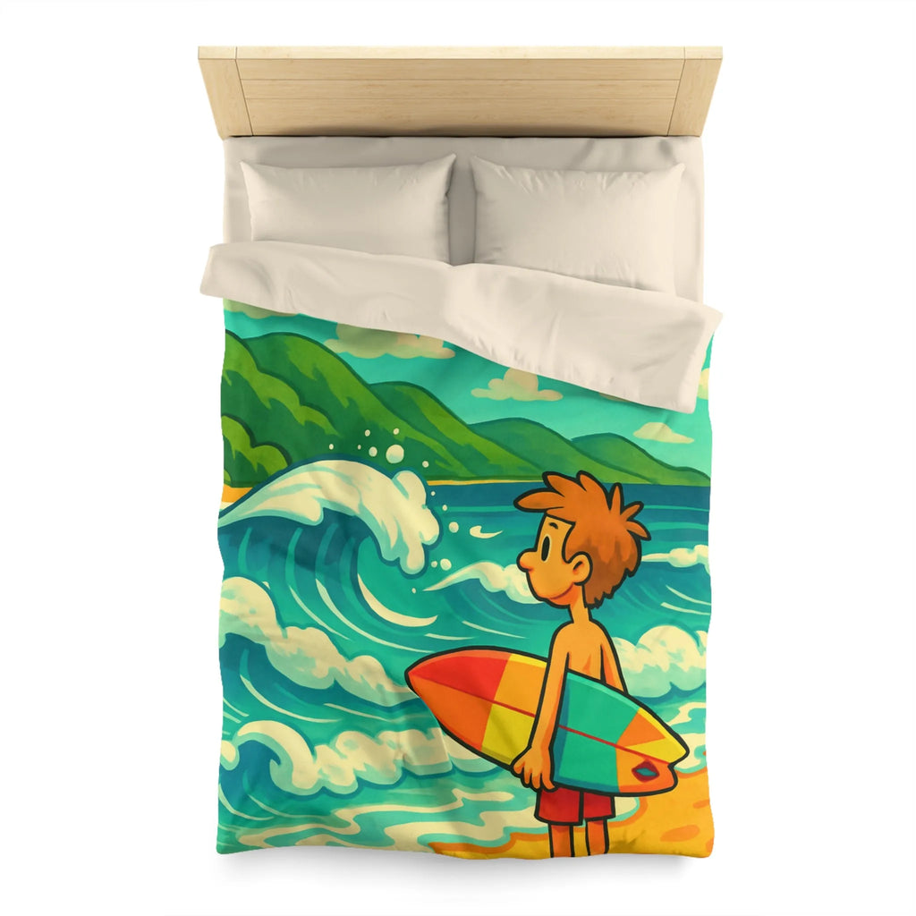 Housse de couette avec dessin coloré de plage pour enfants et surfeur