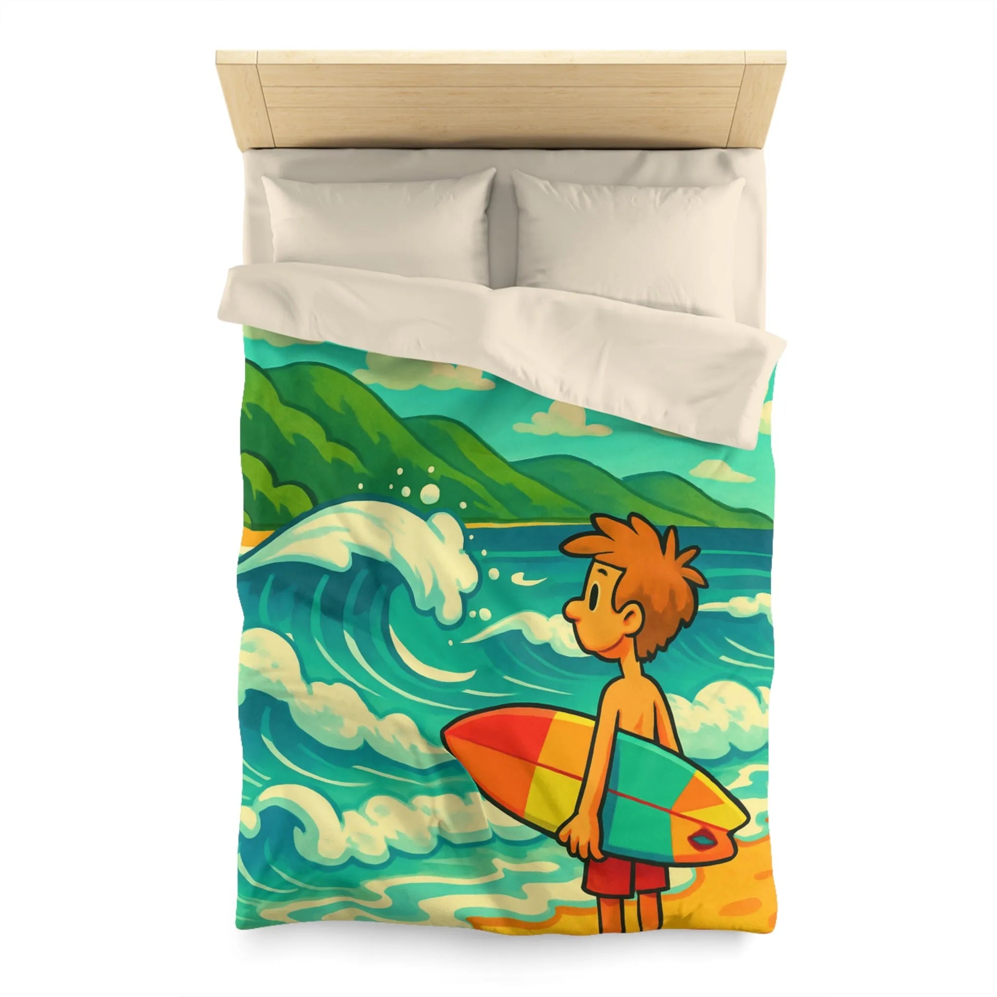 Housse de couette avec dessin coloré de plage pour enfants et surfeur