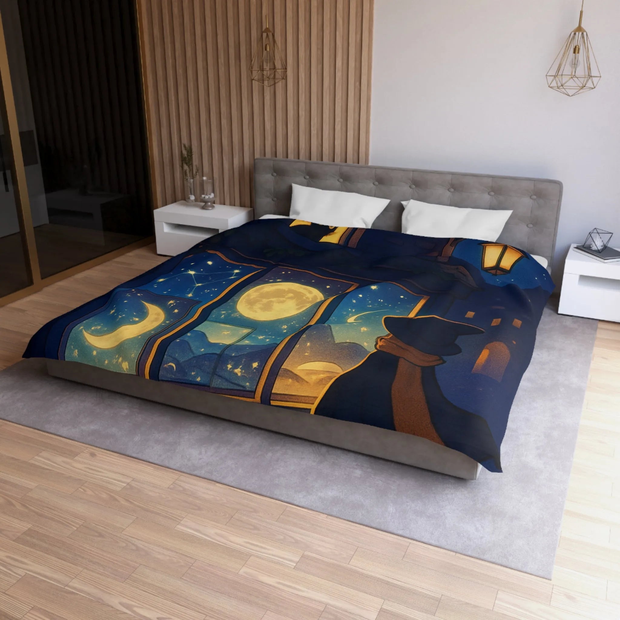 Housse de couette magique avec scène nocturne féerique, chat mystique et ciel étoilé