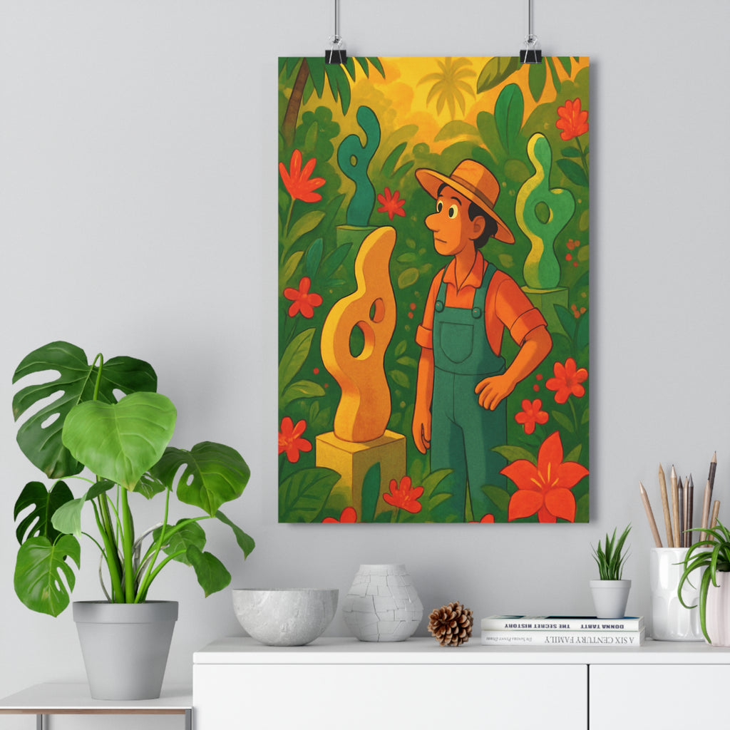 Poster décoratif jardin coloré cartoon surréaliste rouge vert jaune salon abstrait exotique vibrant 30x46