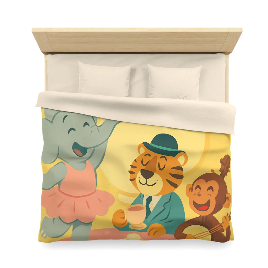 Housse de couette enfantine colorée avec éléphant, tigre et singe en fête joyeuse