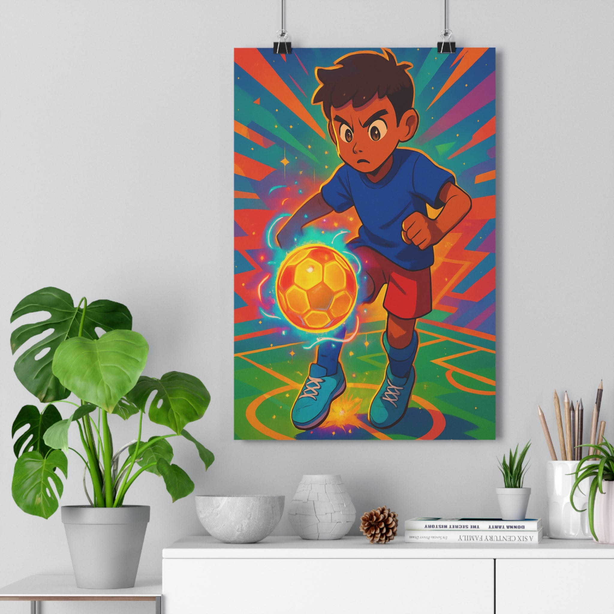 Poster décoratif fantastique football garçon maillot bleu orange chambre enfant lumineux énergique magique captivant