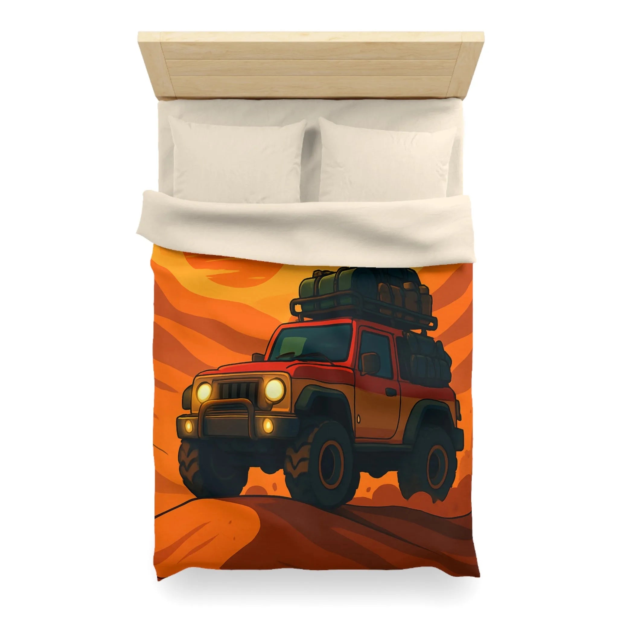 Housse de couette aventure désert rouge avec 4x4 et coucher de soleil éclatant