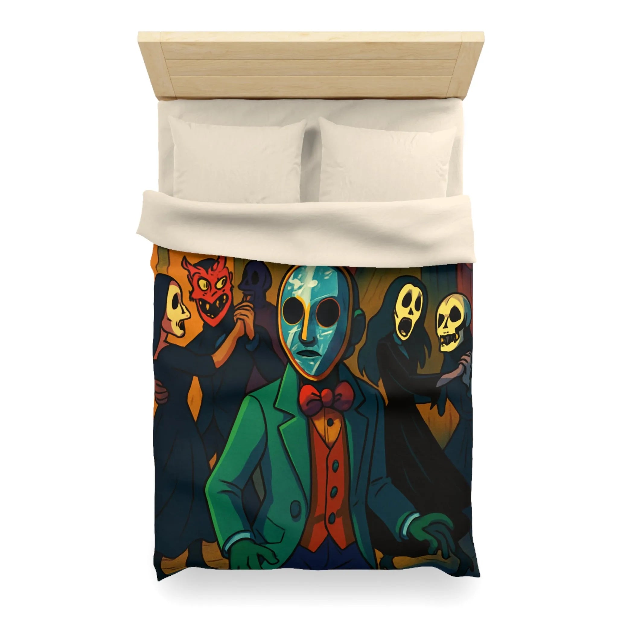 Housse de couette Halloween Bal masqué sombre, masques effrayants, ambiance mystérieuse unique