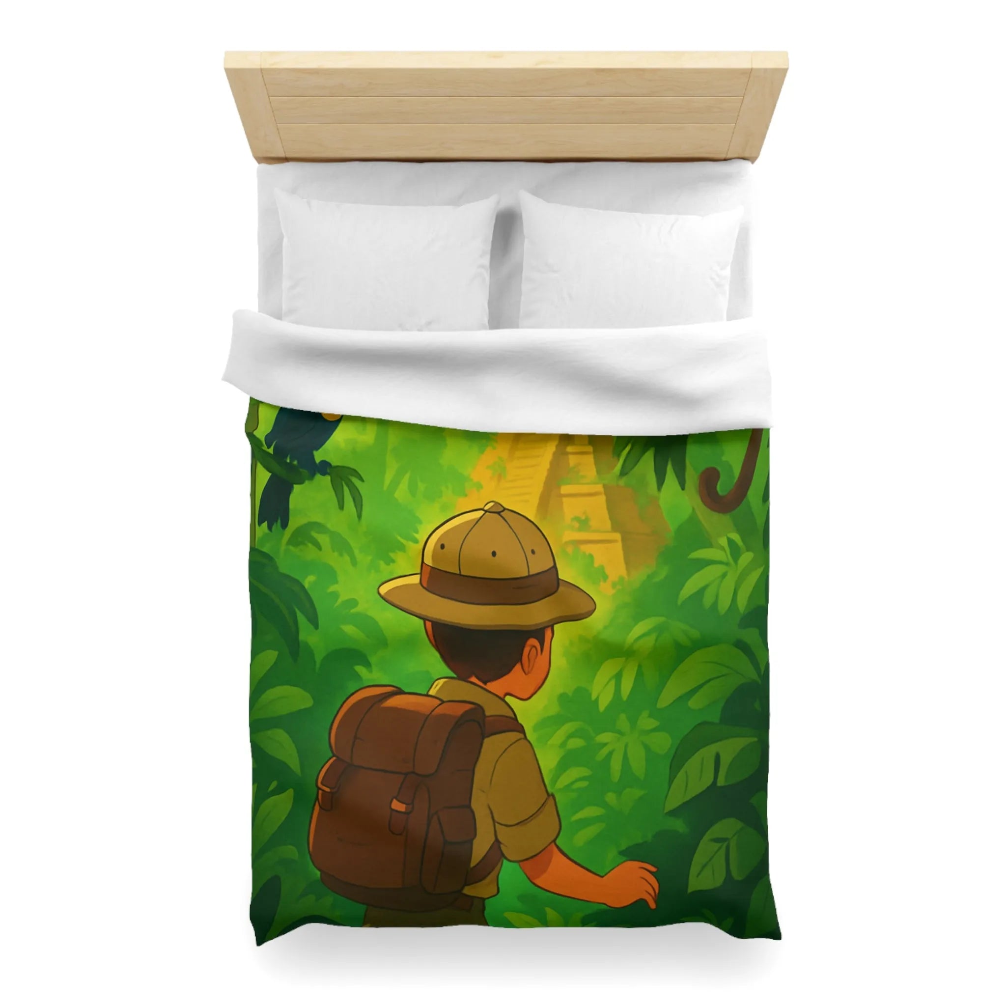 Housse de couette jungle avec aventurier, singe et toucan, ambiance explorateur