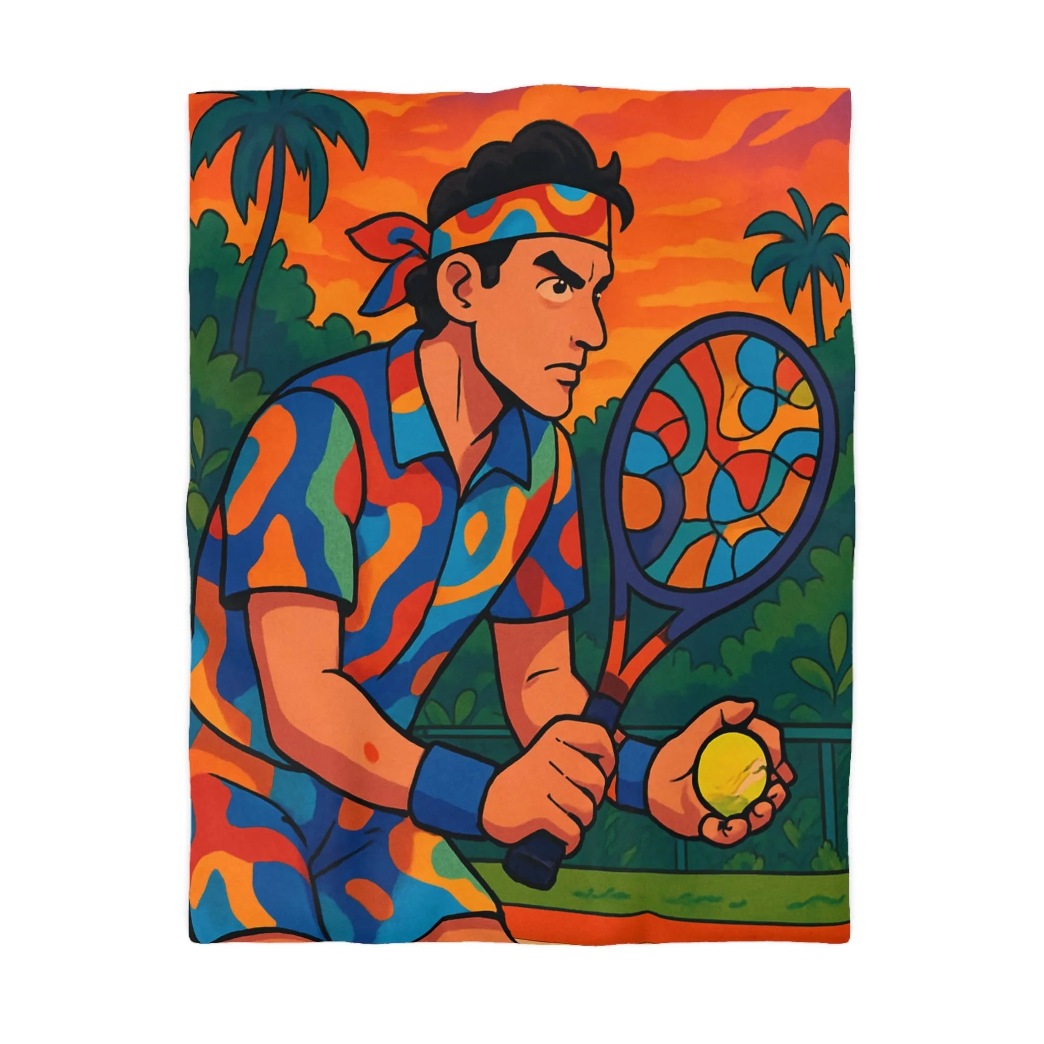 Housse de Couette Colorée Tennis Design Vibrant avec Joueur en Action et Palmiers