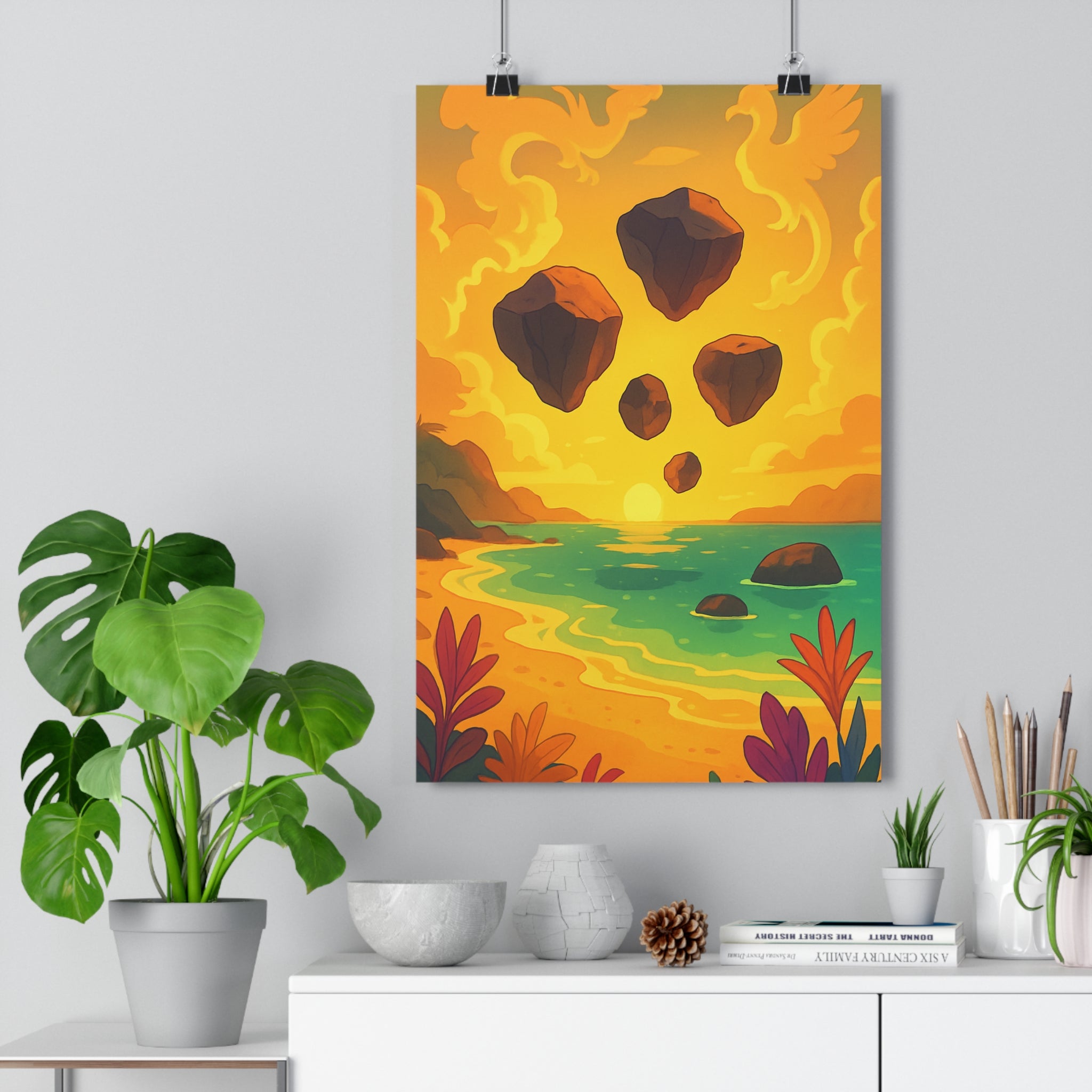 Poster décoratif éthéré paysage fantastique mer coucher soleil rêveur dessin animé pastel chambre qualité