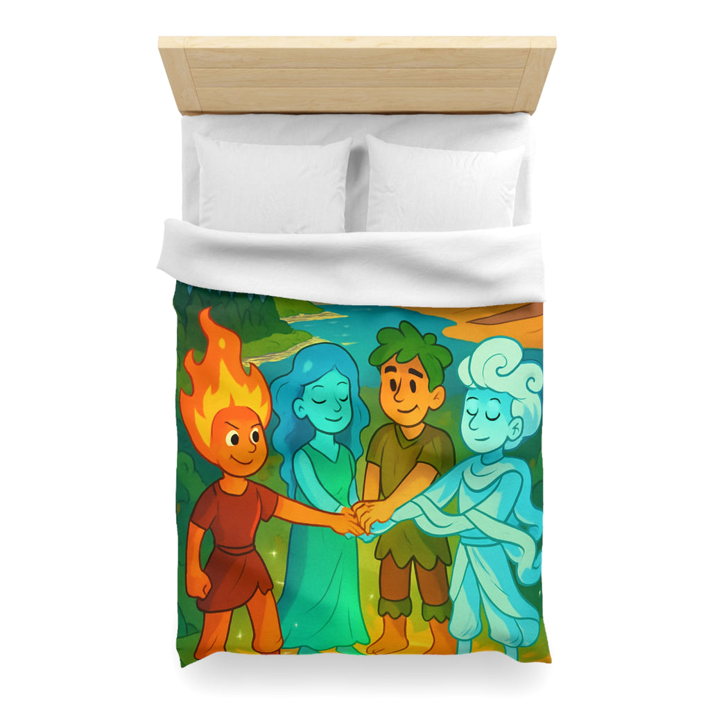 Housse de Couette Nature Enchantée avec Éléments Terre, Feu, Air et Eau Unifiés