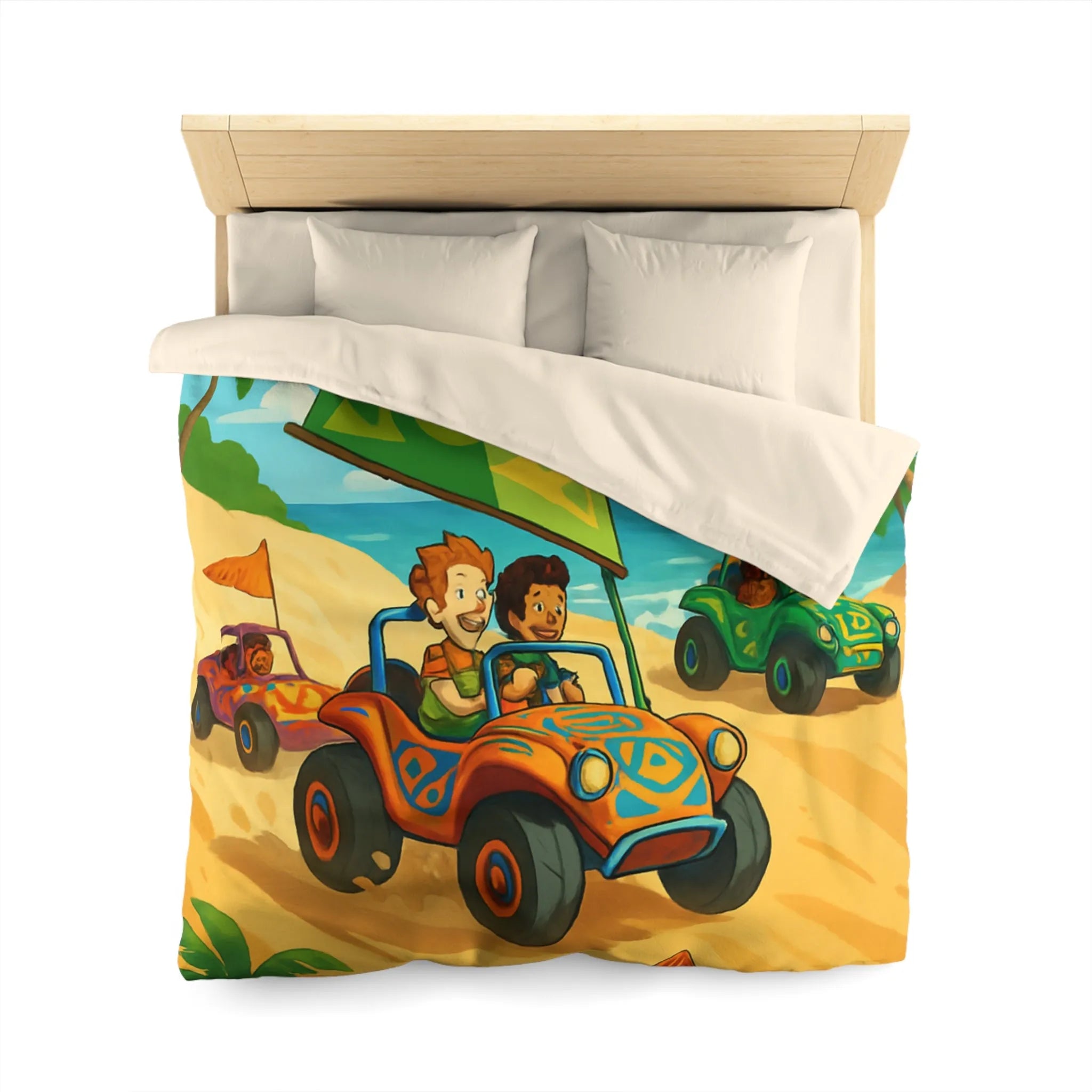 Housse de couette colorée avec motif voitures de plage et palmiers tropicaux