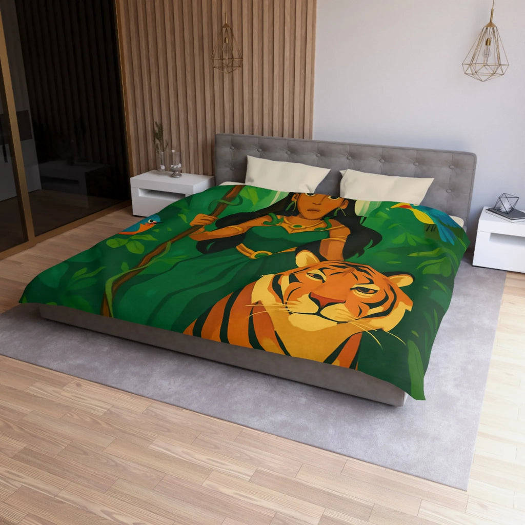 Housse de couette exotique avec tigre royal et gardienne mystique en forêt luxuriante